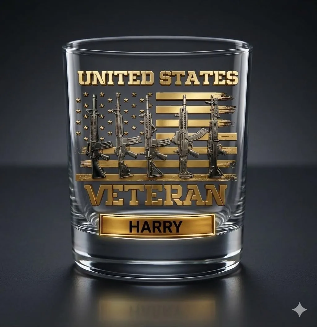 Personalized Veteran Whiskey Glass, Custom Name, Patriotic Bourbon Old Fashioned Gift