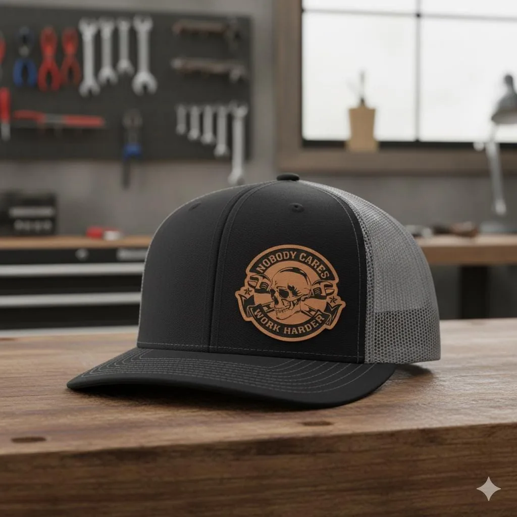 Nobody Cares Work Harder Trucker Hat, Skull Patch Cap, Motivational Grind Mindset Gift