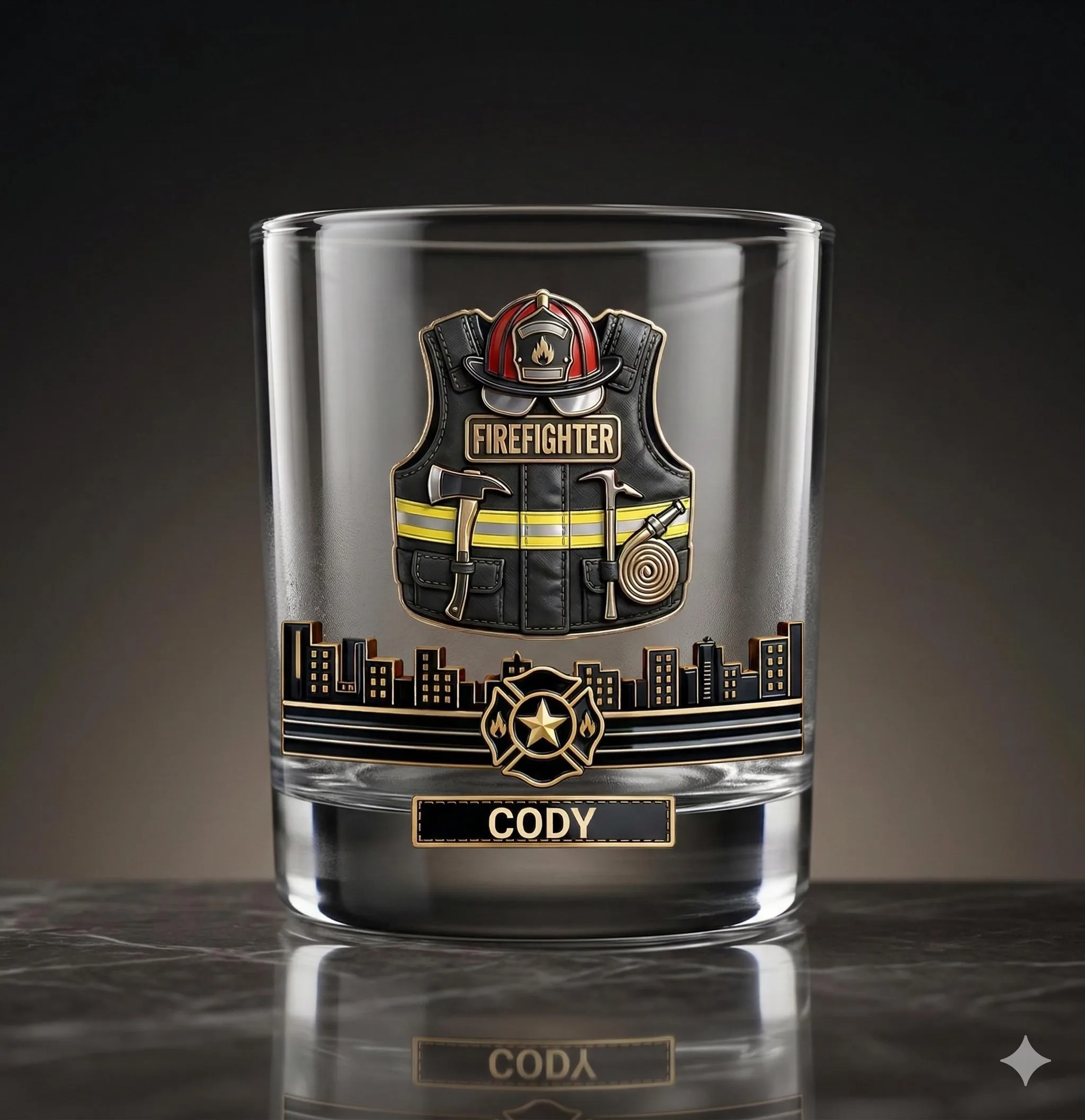 Personalized Firefighter Whiskey Glass, Custom Old Fashioned Tumbler, Fire Gear Design