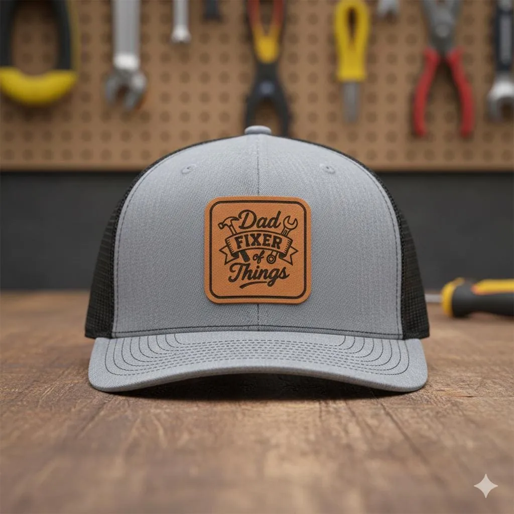 Dad Fixer of Things Trucker Hat, Leather Patch Hat, Dad Gift Work Hat, Gray Black Mesh Snapback Cap, Adjustabl