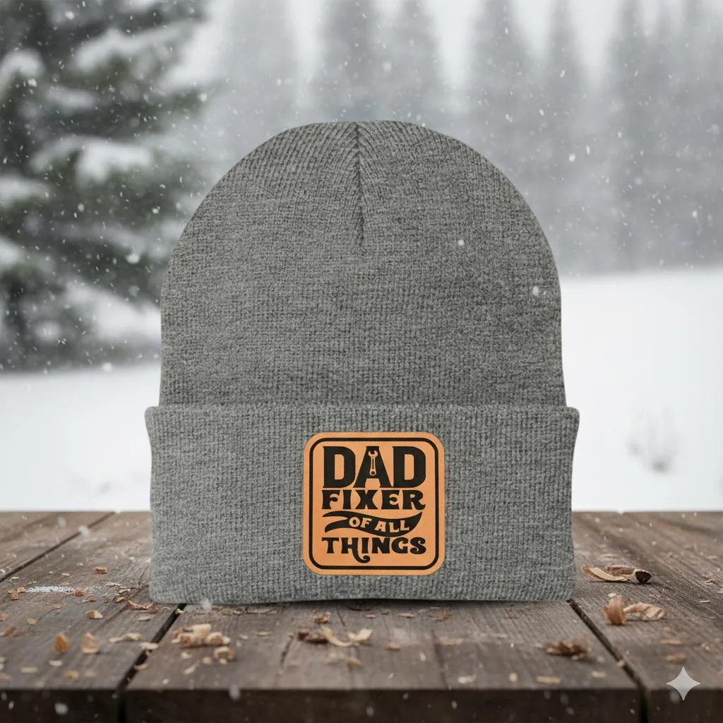 Dad Fixer of All Things Beanie, Leather Patch Winter Hat, Gift for Dad, Gray Knit Cuffed Beanie, Warm Handyman