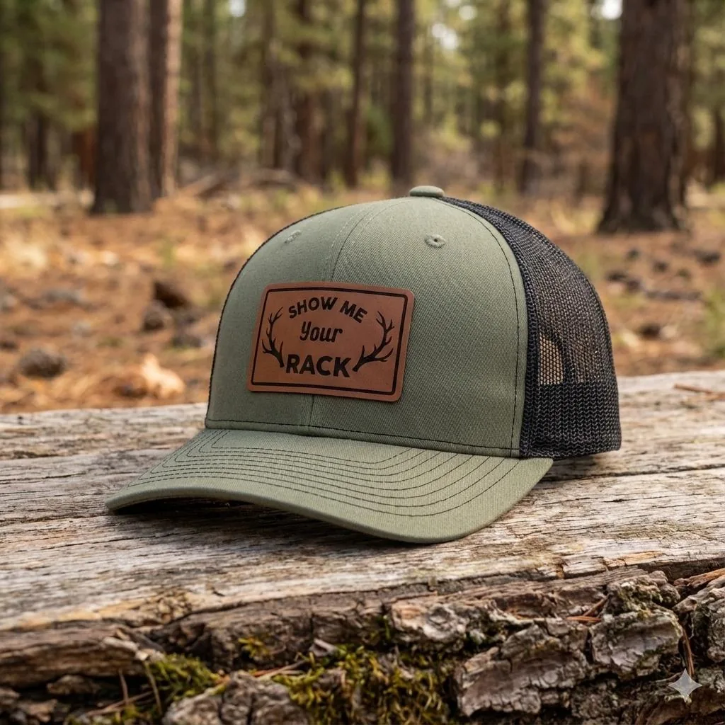 Show Me Your Rack Hat, Funny Deer Hunting Trucker Hat, Leather Patch Outdoorsman Gift for Men, Adjustable Snap