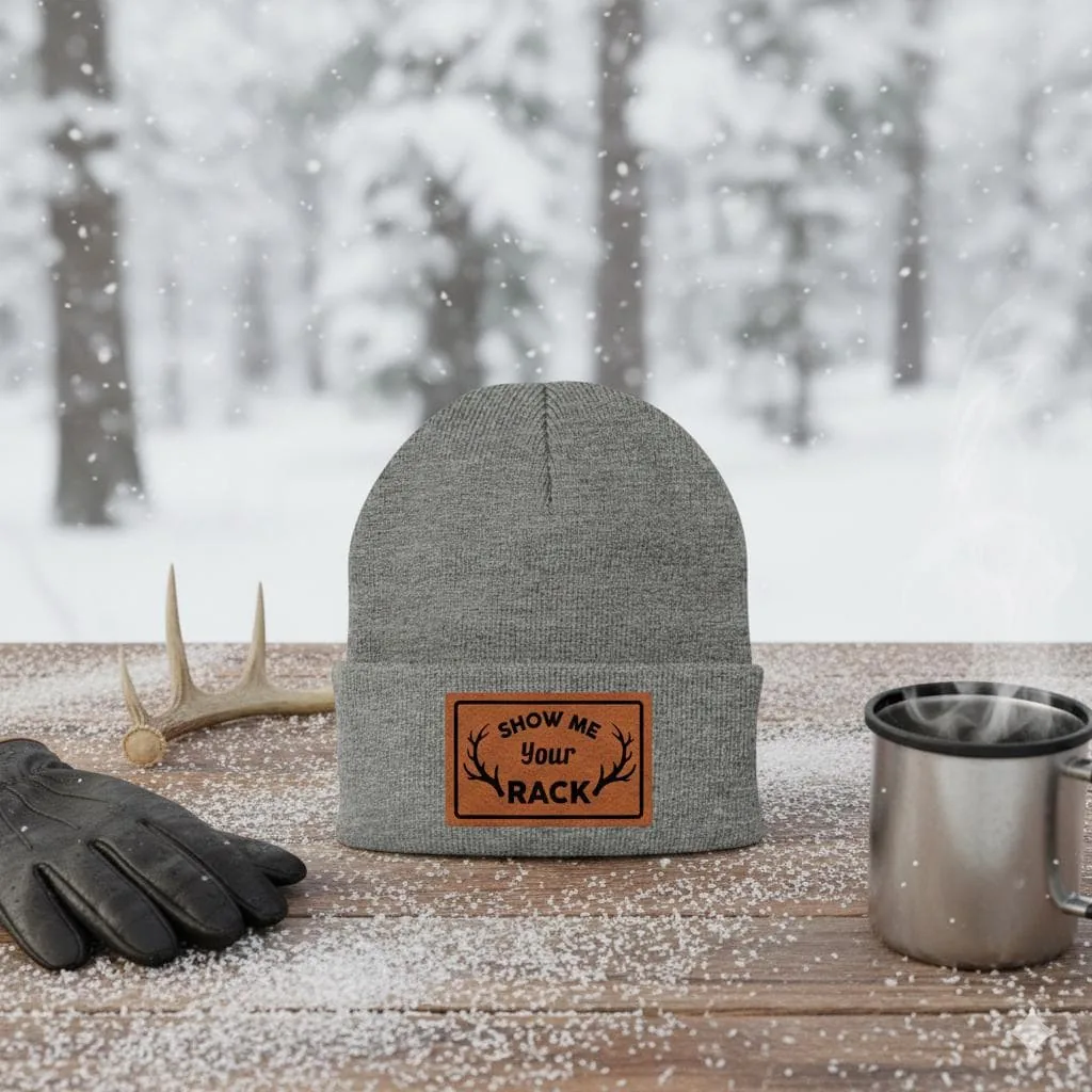Show Me Your Rack Beanie, Leather Patch Knit Hat, Funny Hunting Winter Beanie for Outdoorsmen, Deer Hunter Gif