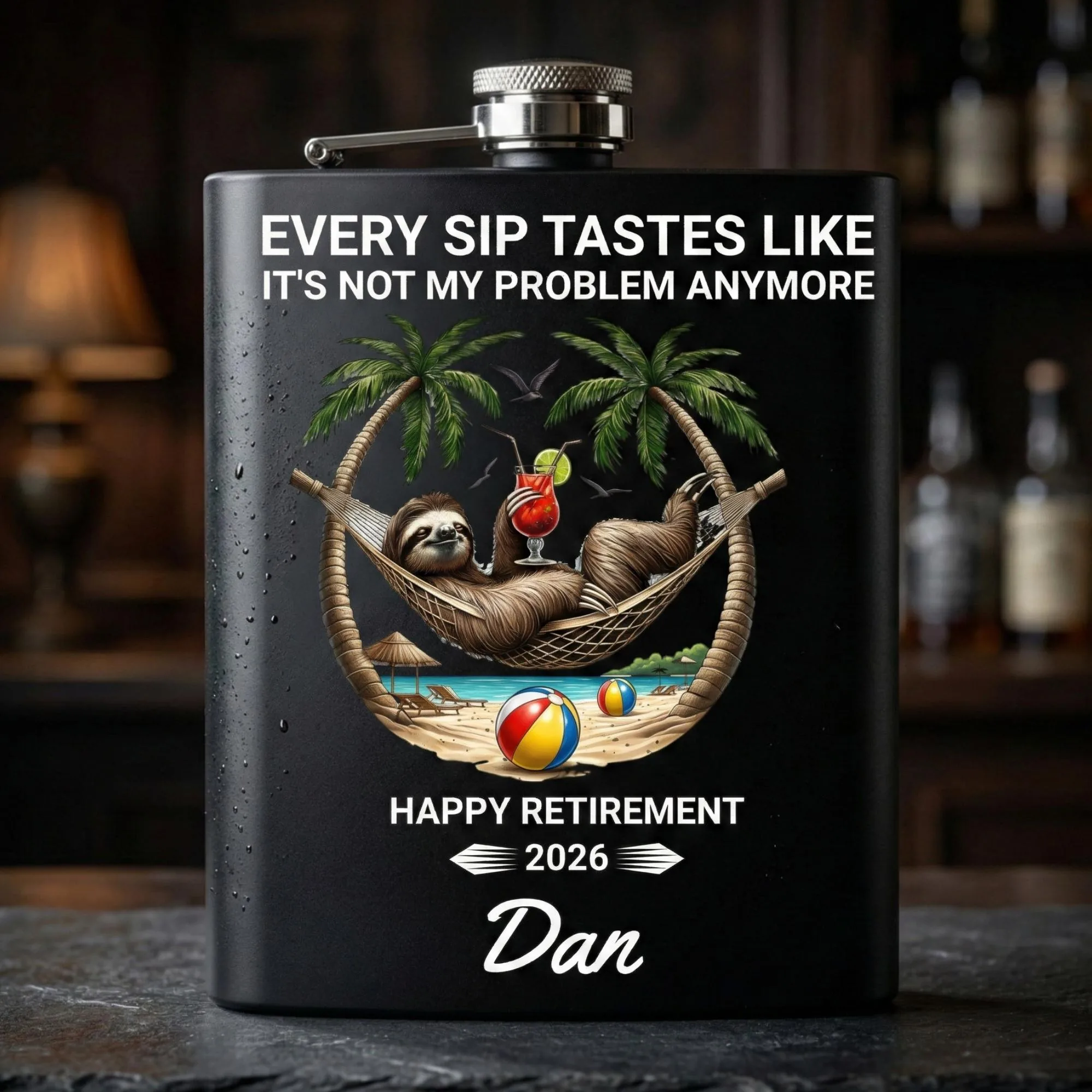 Personalized Sloth Flask, Custom Name 6oz Hip Flask, Happy Retirement 2026 Gift