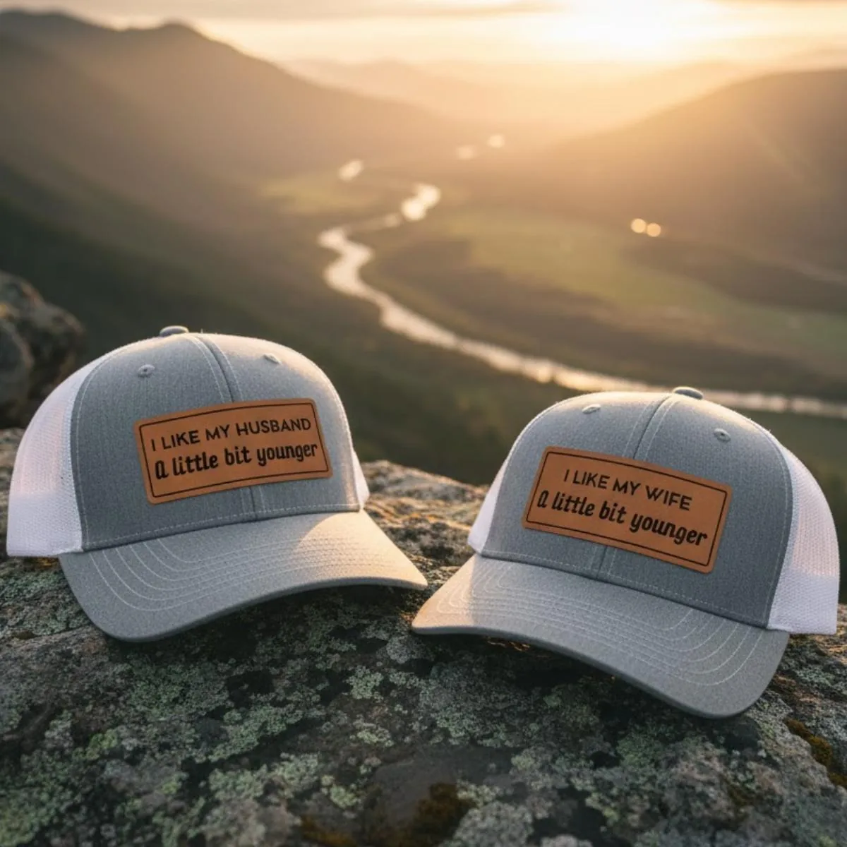 Matching Couple Hats, Engraved Leather Patch, Humorous Gift Idea for Couples, Funny Trucker Hat