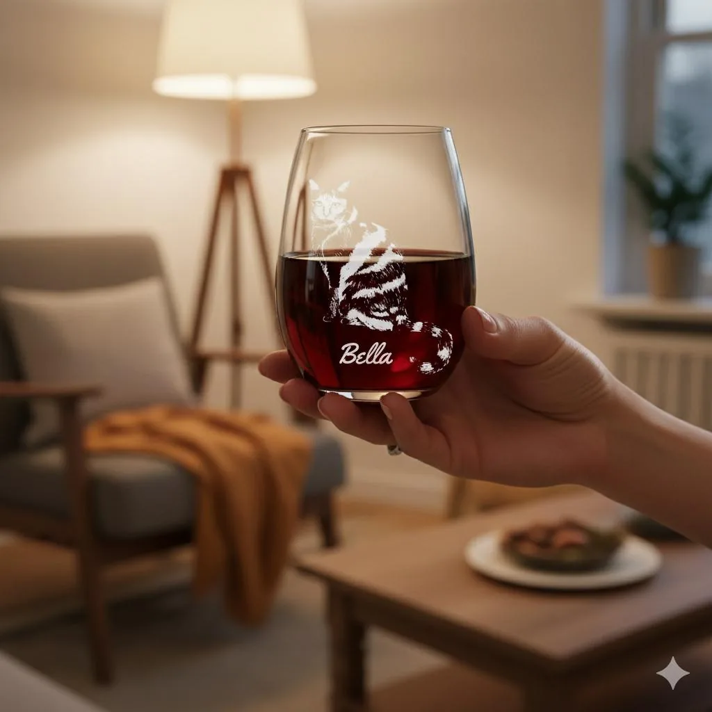 Personalized Pet Portrait Wine Glass, Custom Laser Engraved 15oz Stemless Glass