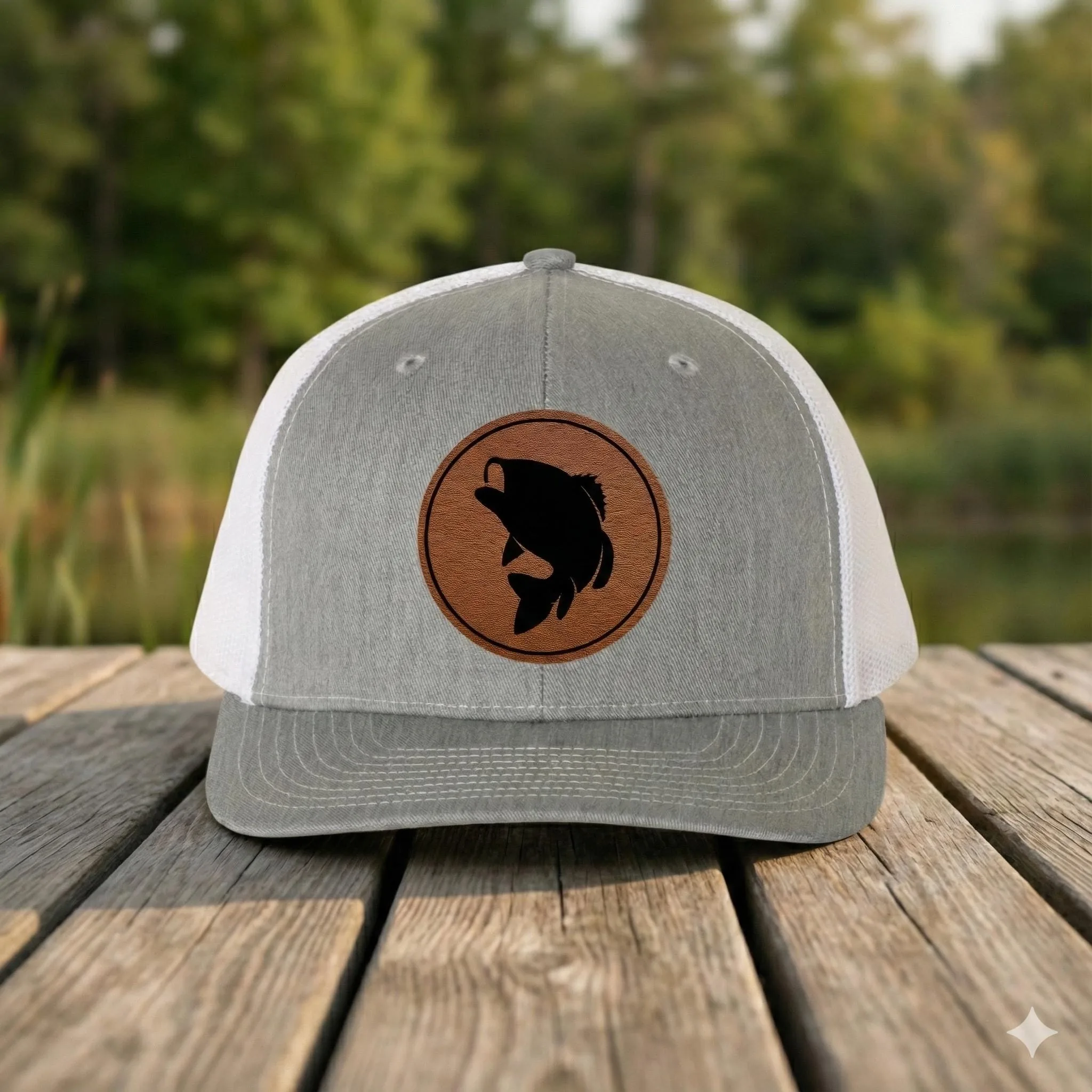 Fish Leather Patch Trucker Hat, Fishing Hat for Men, Outdoor Angler Mesh Cap, Gift for Fisherman