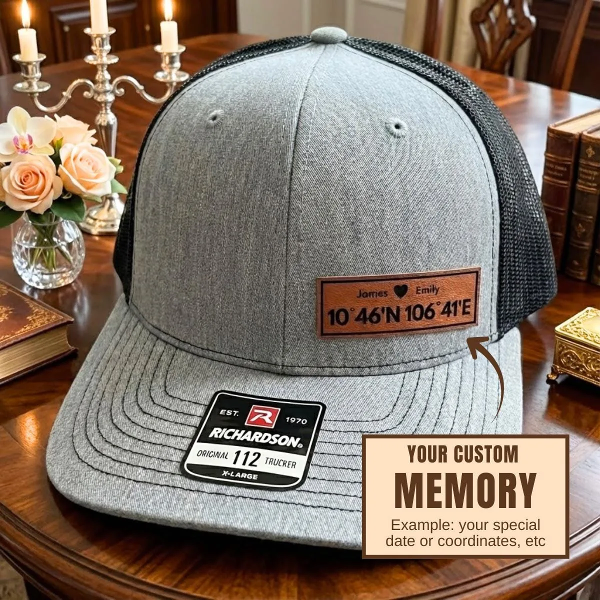 Personalized Coordinates Trucker Hat, Leather Patch Cap, Custom Location Gift, Memory Keepsake, Adjustable Sna