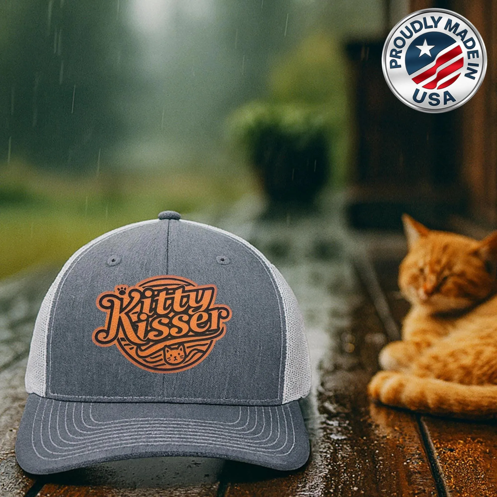 Kitty Kisser Trucker Hat, Funny Cat Lover Hat, Leather Patch Cat Hat, Gift for Cat Dad Mom, Mesh Snapback Cap