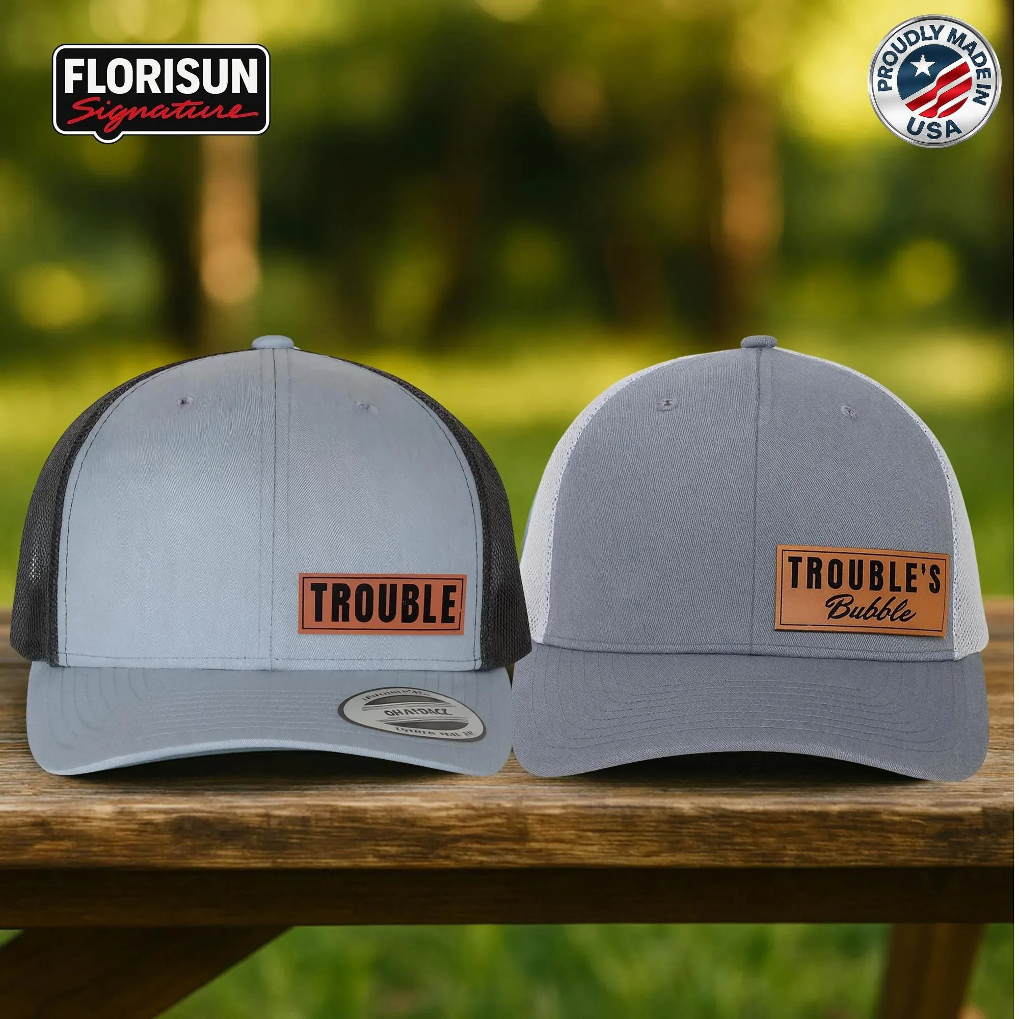 Couples Trouble Trucker Hats, Trouble and Troubles Bubble Hats, Matching Couples Hats, Funny His and Hers Hats