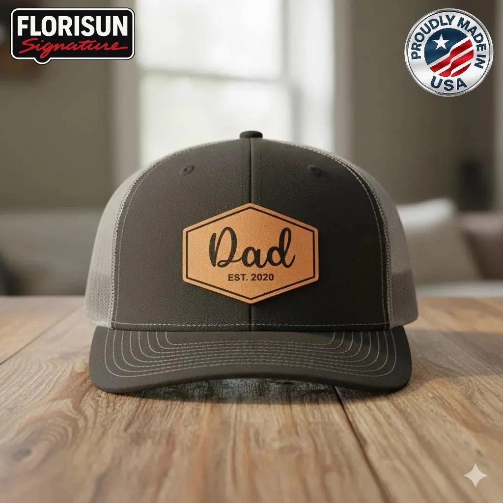 Dad Est Trucker Hat, Leather Patch Dad Hat, Father’s Day Gift Hat, Dad Established Hat, Mesh Snapback Cap