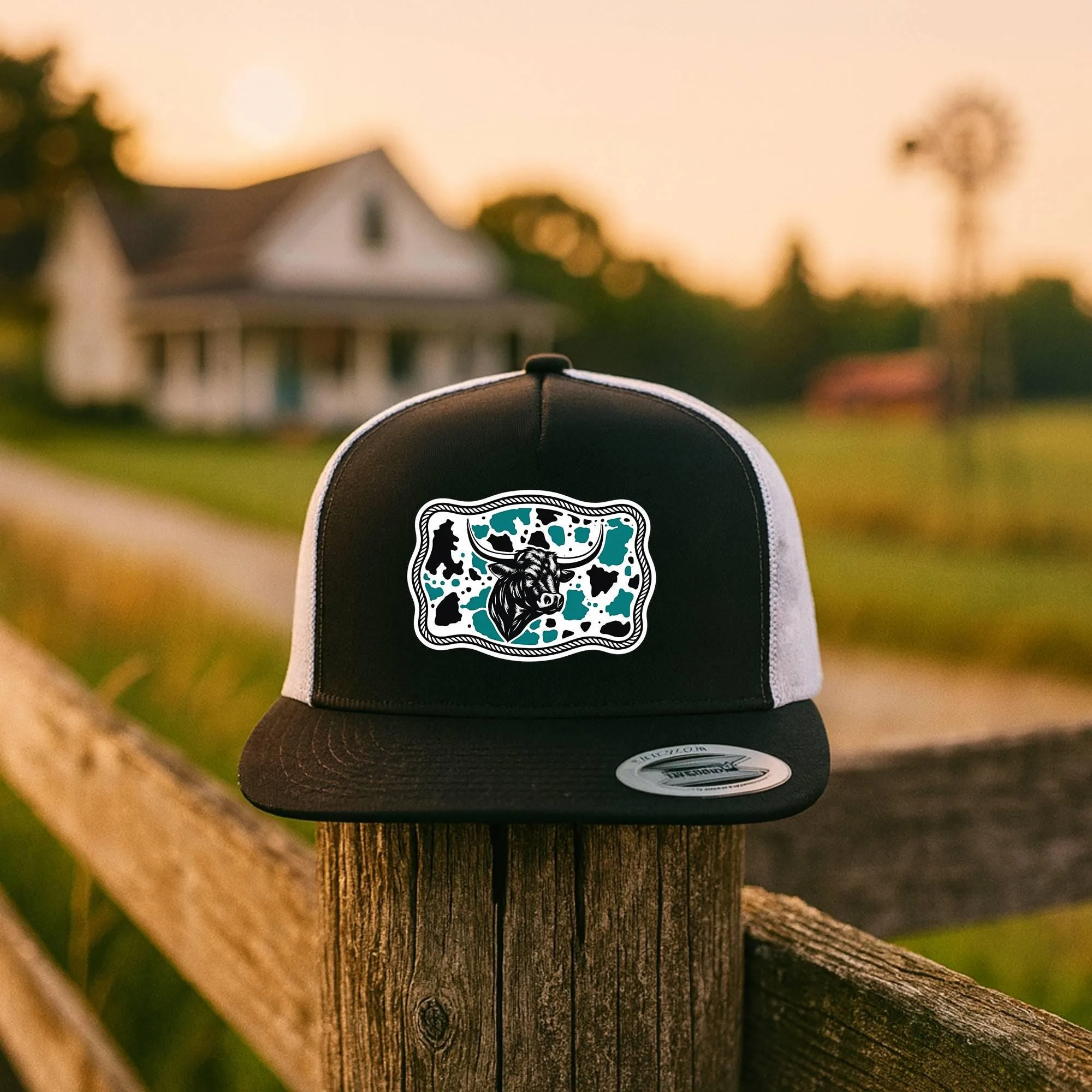 Western Bull Skull Trucker Hat, Cowboy Rodeo Leather Patch Cap, Country Gift for Him, Mesh Snapback