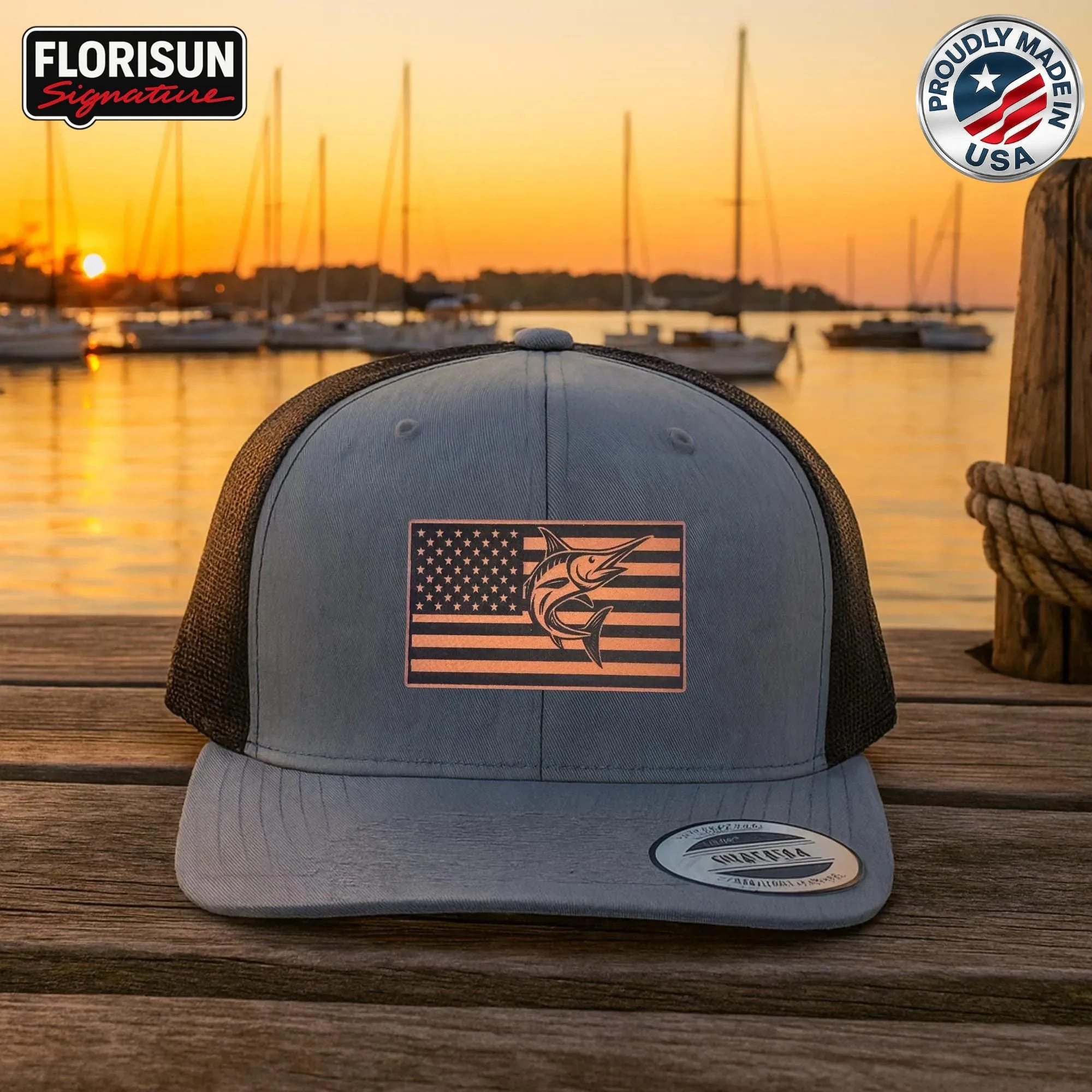 American Flag Fishing Trucker Hat, Marlin Leather Patch Hat, USA Made Fishing Hat, Patriotic Angler Gift, Mesh