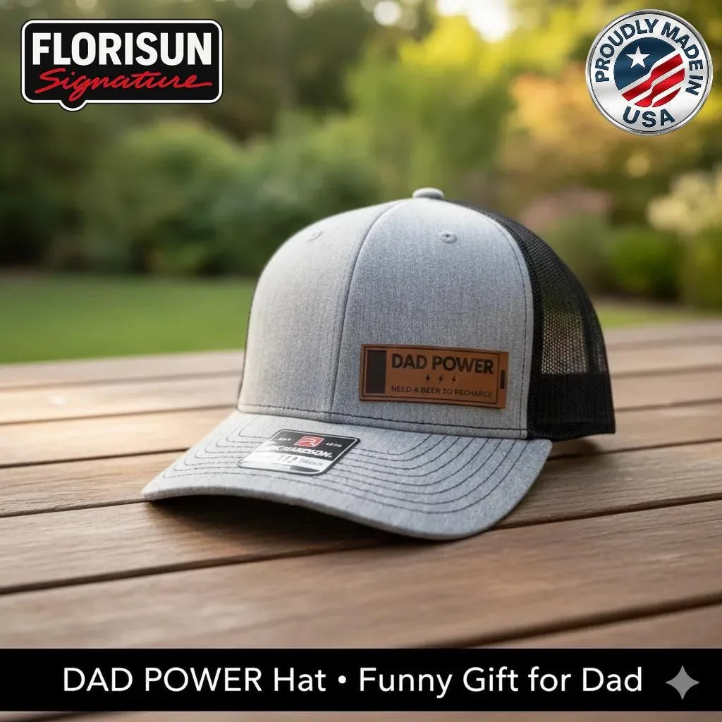 Dad Power Trucker Hat, Funny Dad Hat with Leather Patch, Gift for Dad, USA Made Mesh Cap, Father’s Day Hat