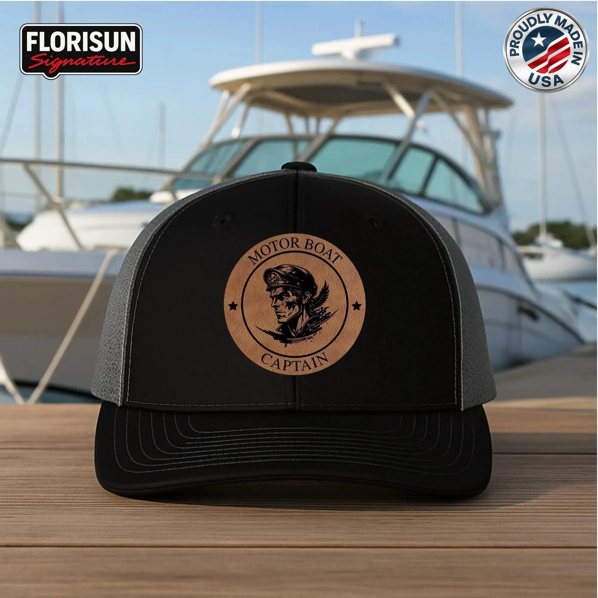 Motor Boat Captain Trucker Hat, Leather Patch Boat Hat, Laser Engraved Captain Hat, Boating Gift for Men
