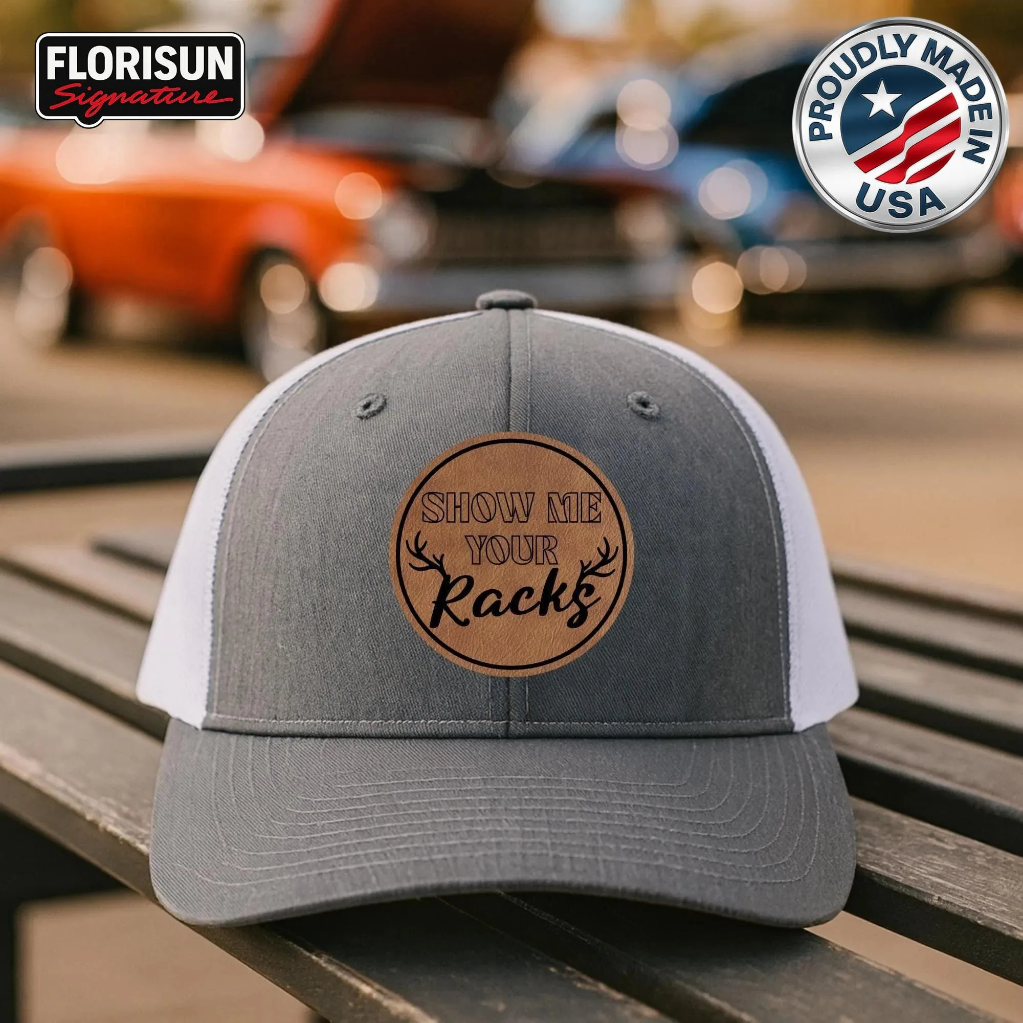 Funny Hunting Trucker Hat, Buck Rack Antler Gift for Hunters, Leather Patch Cap, Deer Hunter Mesh Snapback