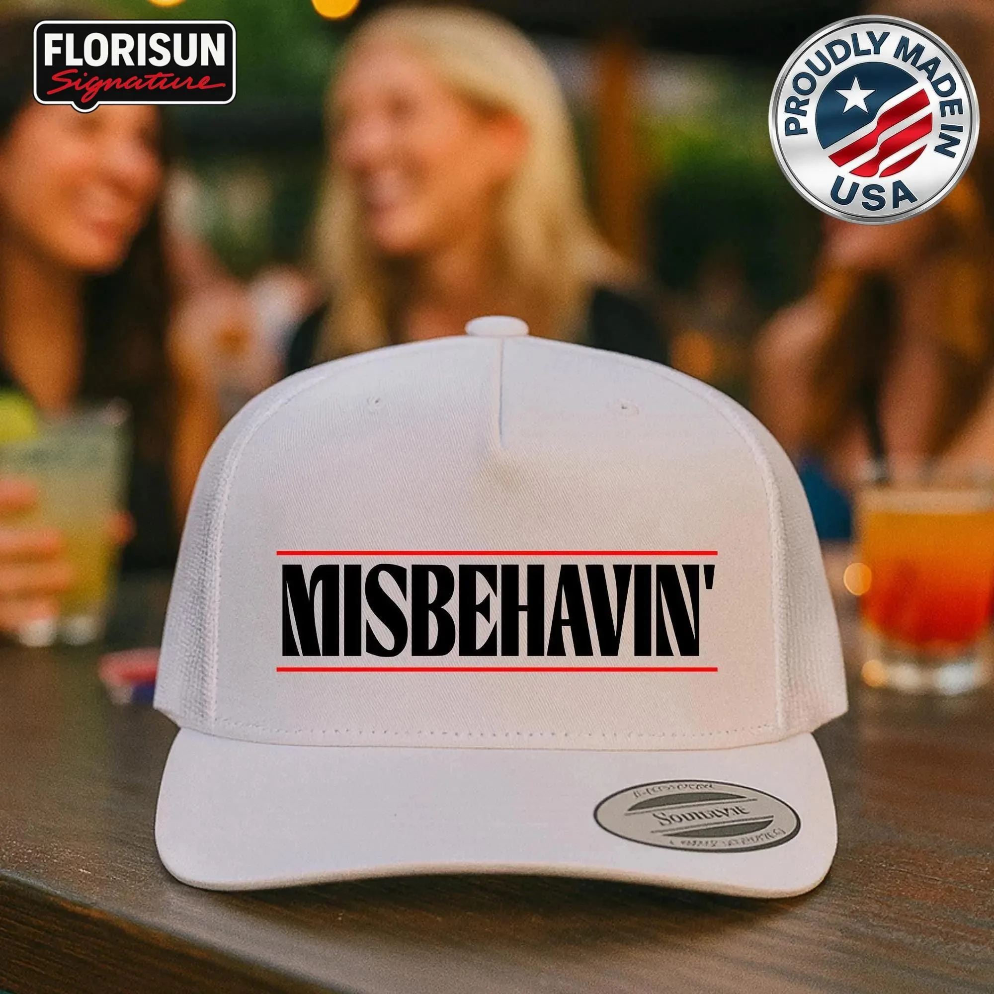 Misbehavin Trucker Hat, Bold Red Mesh Cap for Women, Funny Leather Patch Snapback, Sassy Gift for Her