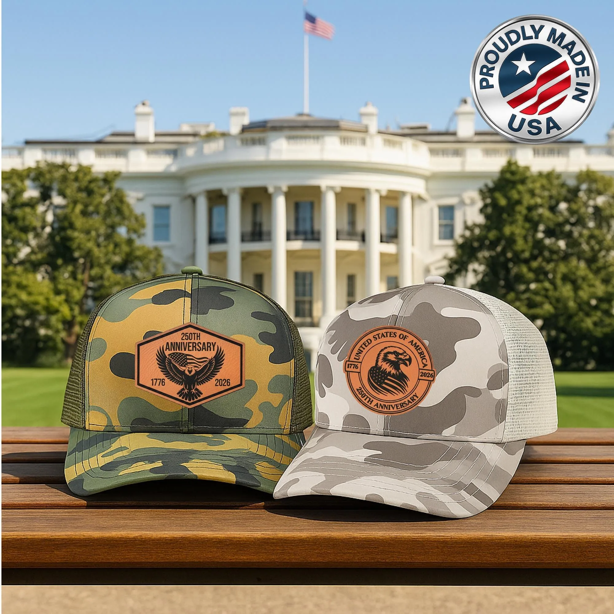 250th Anniversary Camo Trucker Hat • Laser Engraved Eagle Leather Patch