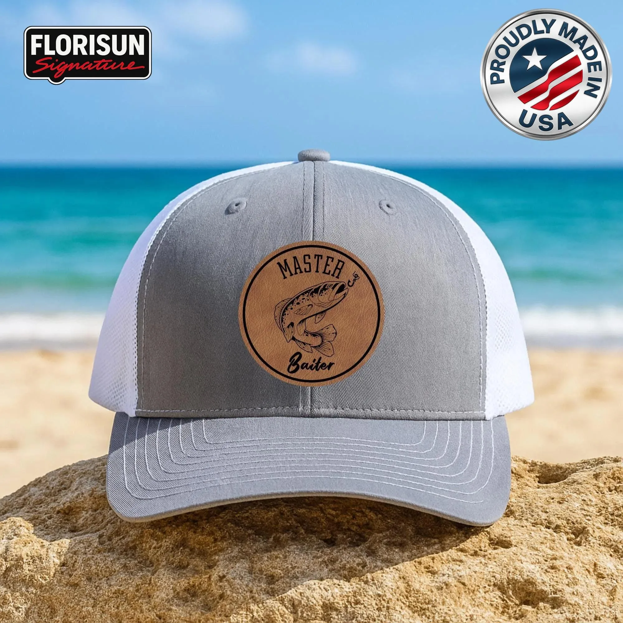 Funny Fishing Trucker Hat, Bait Pun Angler Gift for Men, Leather Patch Cap, Mesh Snapback for Fisherman