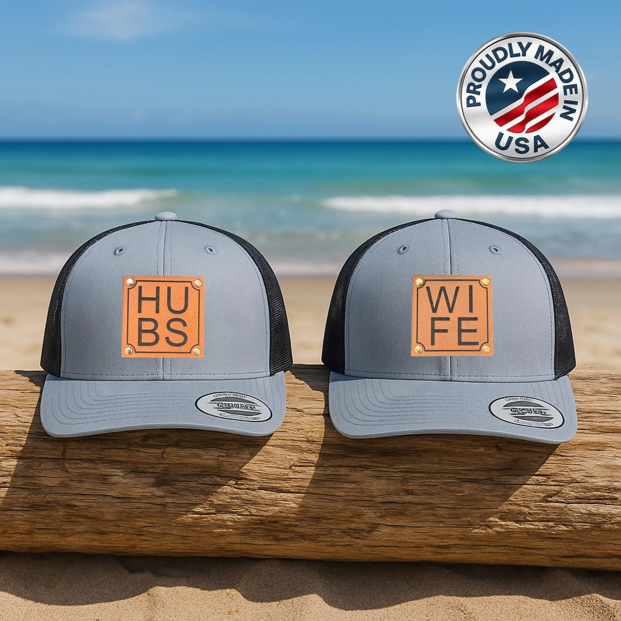 Matching Hubs & Wife Trucker Hats – Faux Leather Patch, Anniversary Gift