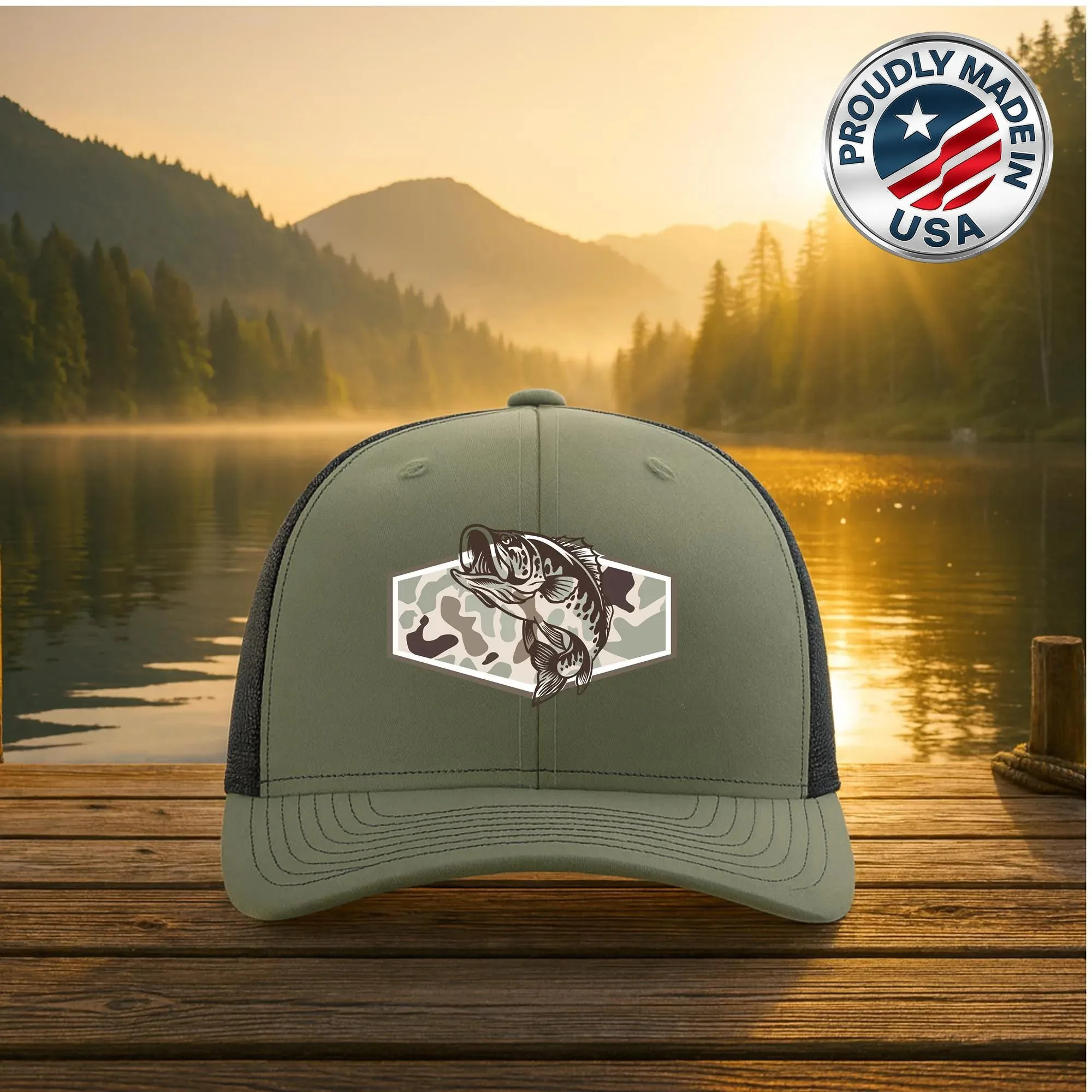 Camo Bass Fishing Trucker Hat, Fisherman Gift for Dad, Leather Patch Cap, USA Made Mesh Snapback