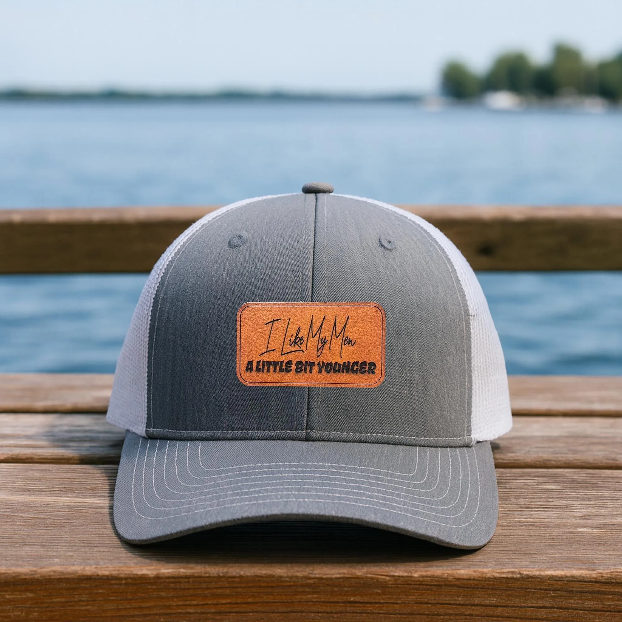 Funny Trucker Hat for Her, I Like My Men Younger, Leather Patch Humor Cap, Sarcastic Gift, Mesh Snapback