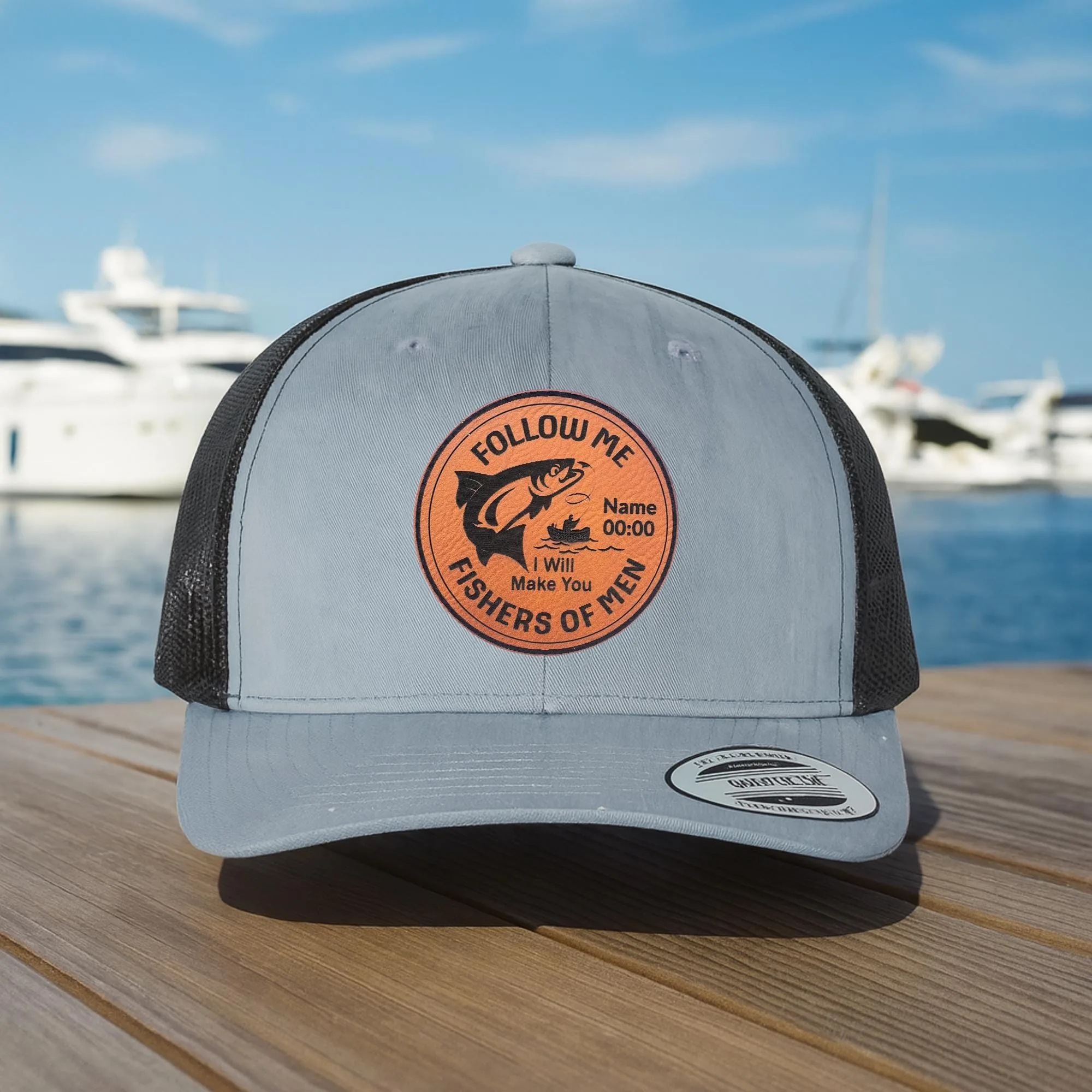 Follow Me Fishers of Men Trucker Hat, Christian Fishing Hat, Leather Patch Faith Hat, Custom Name Fishing Cap