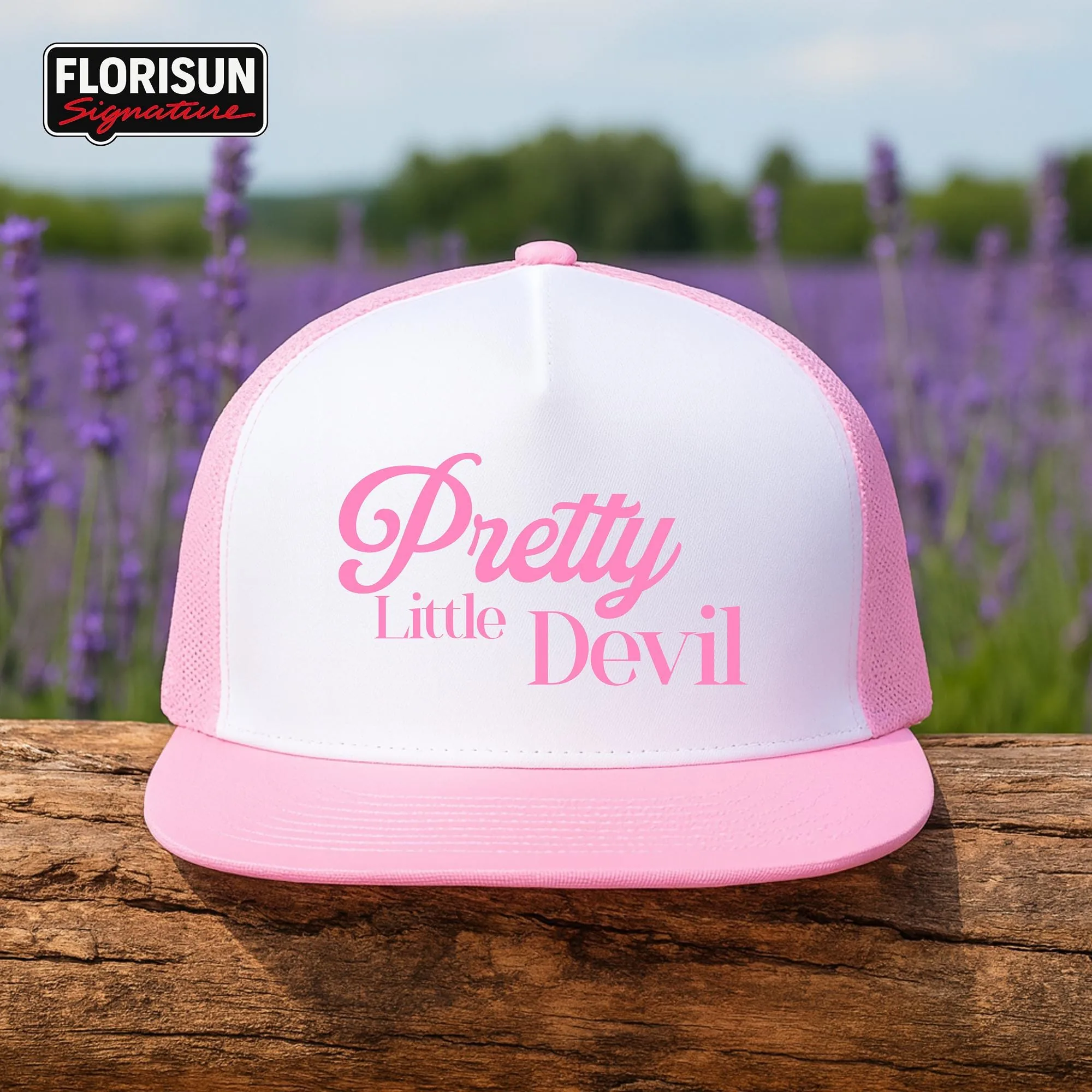Pretty Little Devil Trucker Hat, Pink Retro Leather Patch Cap, Y2K Gift for Her, Mesh Snapback for Women