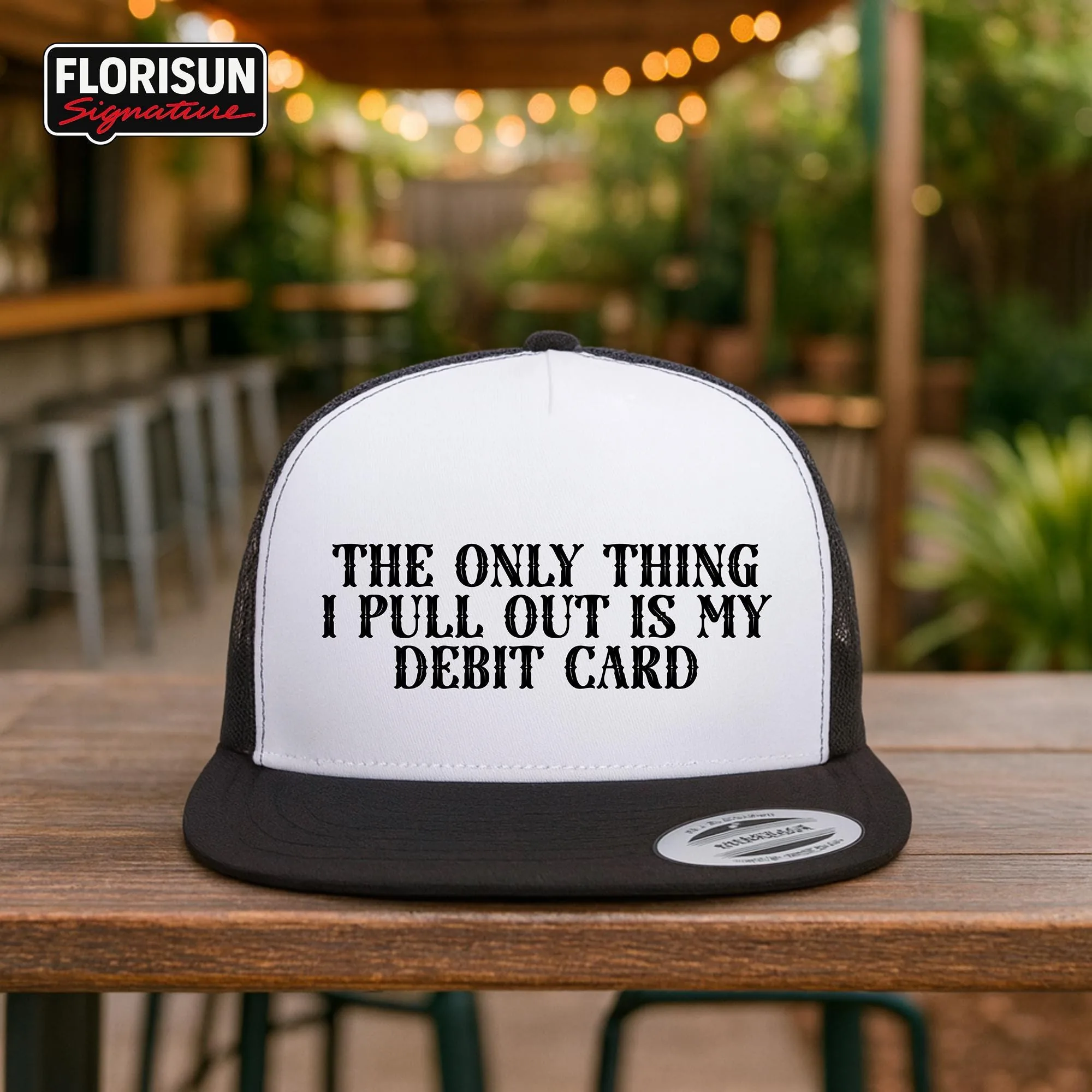 Funny Trucker Hat, Debit Card Spending Quote, 5-Panel Leather Patch Cap, Humor Gift for Him, Mesh Snapback
