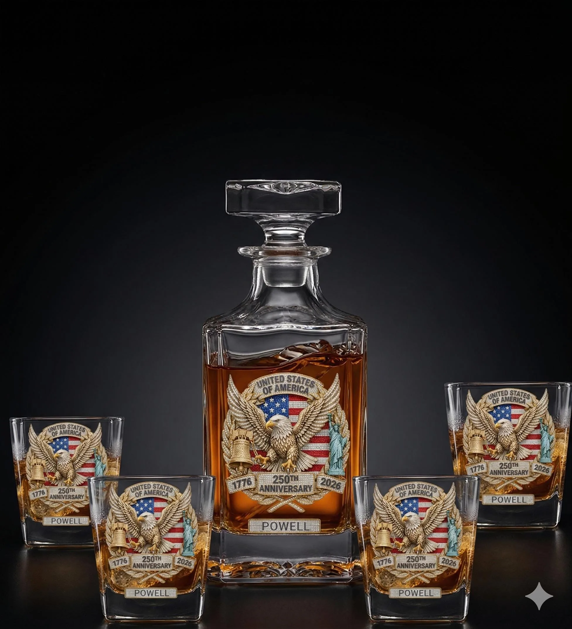 Personalized USA 250th Anniversary Decanter Set | 1776-2026 Whiskey Decanter + 4 Rocks Glasses | Memorial Day 