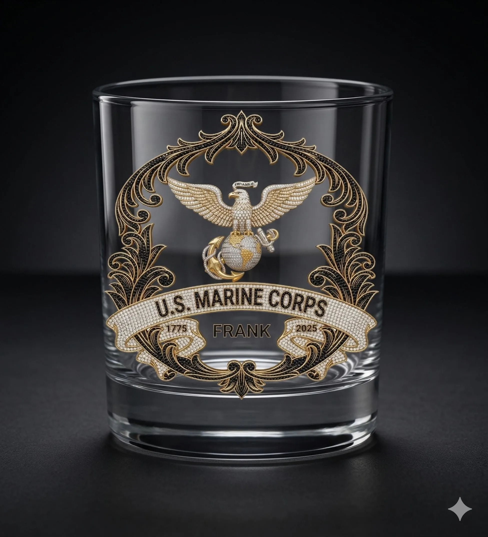 Personalized Old Fashion Whiskey Glass, Marine Corps 250th Anniversary 1775 2025 Rocks Glass, Custom Name UV P