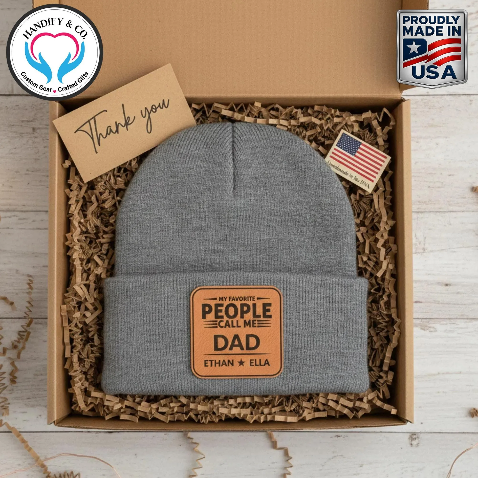 Personalized Beanie Hat: Engraved Leather Patch, Custom Text - "My Favorite people call me"