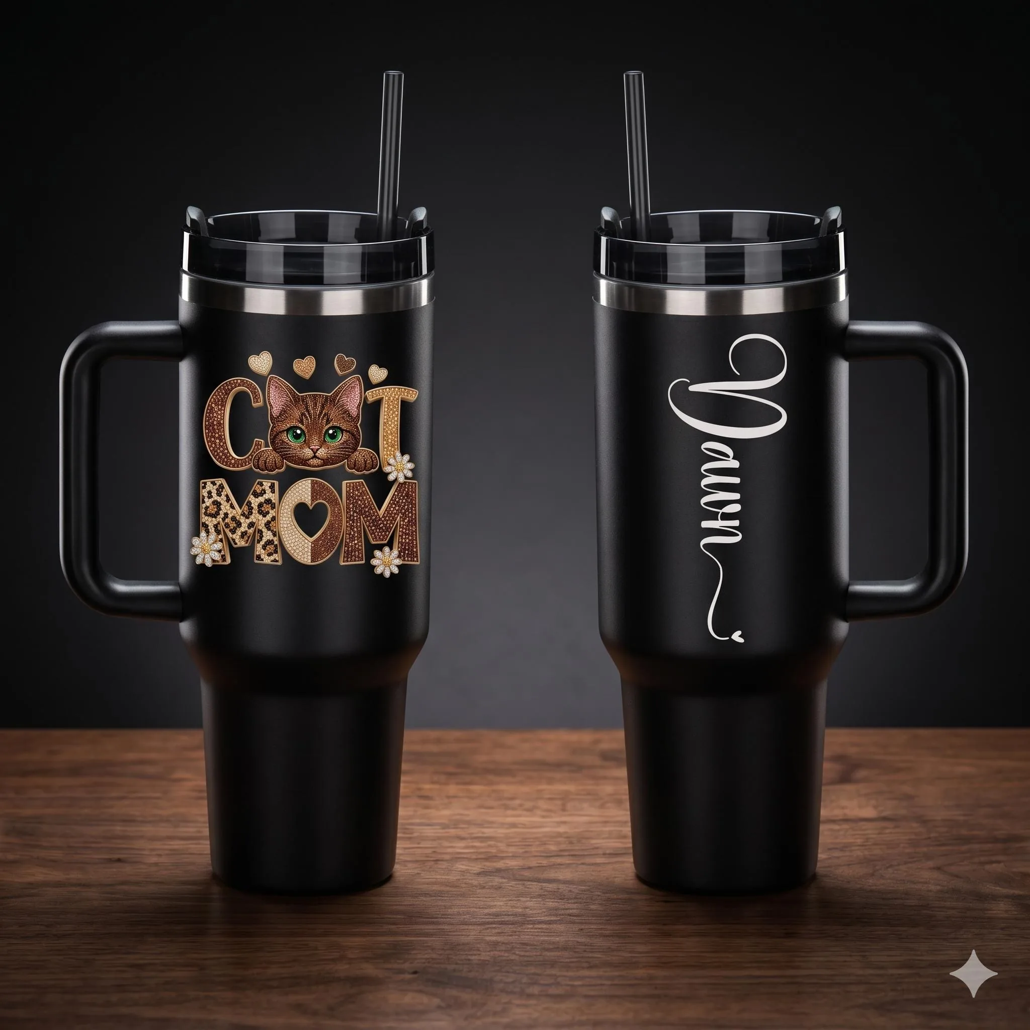 Cat Mom 40oz Tumbler with Handle, Personalized Leopard Cat Lover Cup, Custom Name Rhinestone Effect Travel Mug