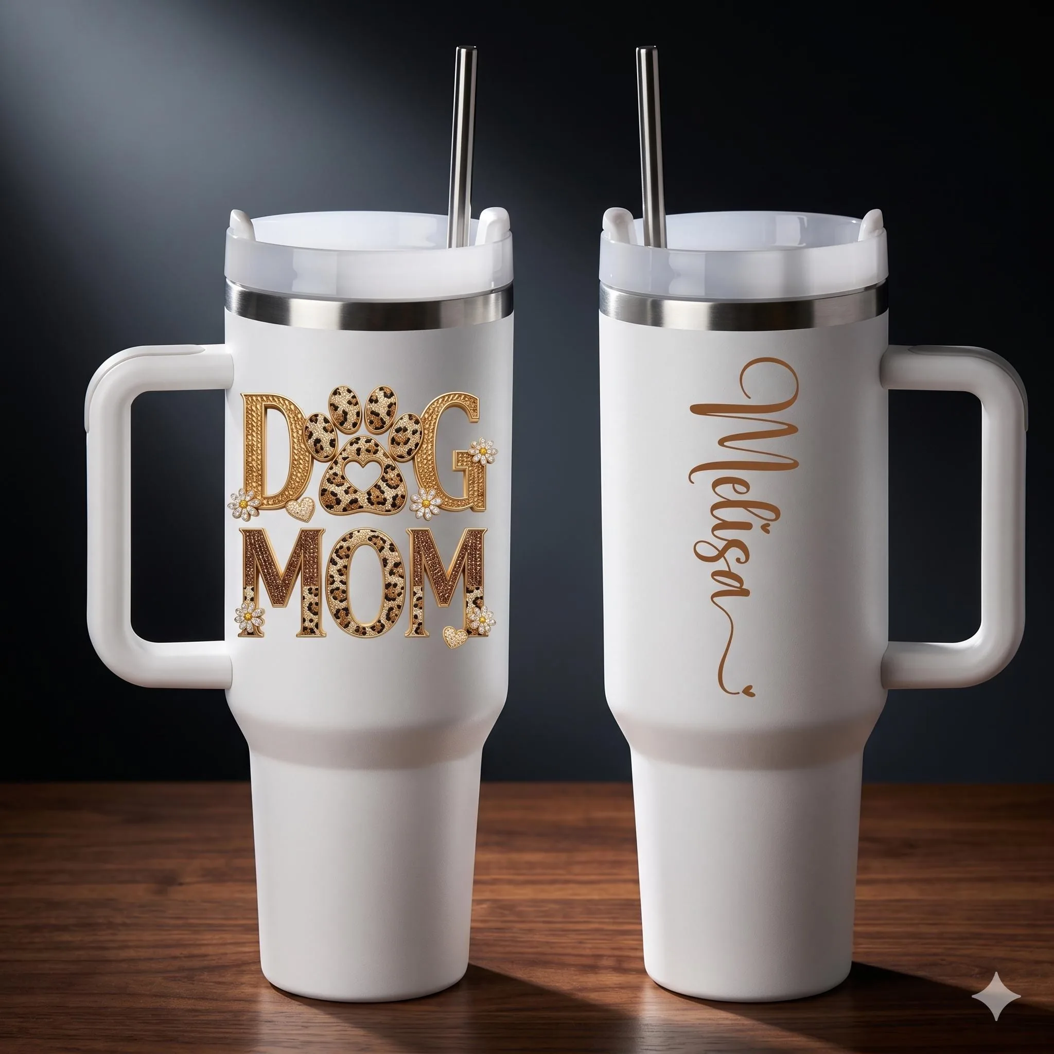 Dog Mom 40oz Tumbler with Handle, Personalized Leopard Print Cup, Custom Name Rhinestone Effect Tumbler, Insul