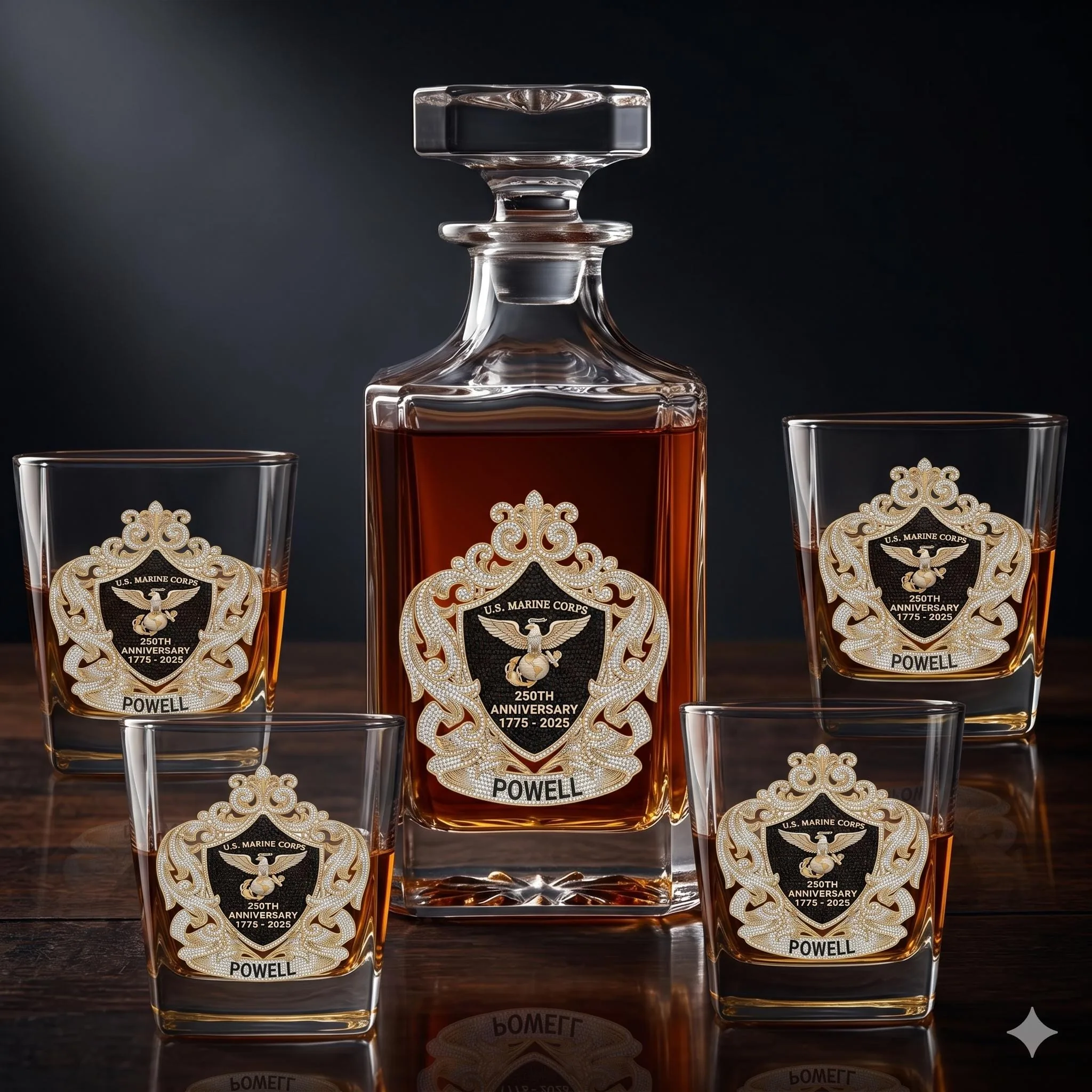 US Marine Corps 250th Anniversary Decanter with Glasses, Personalized Military Whiskey Gift, 750ml Square Liqu