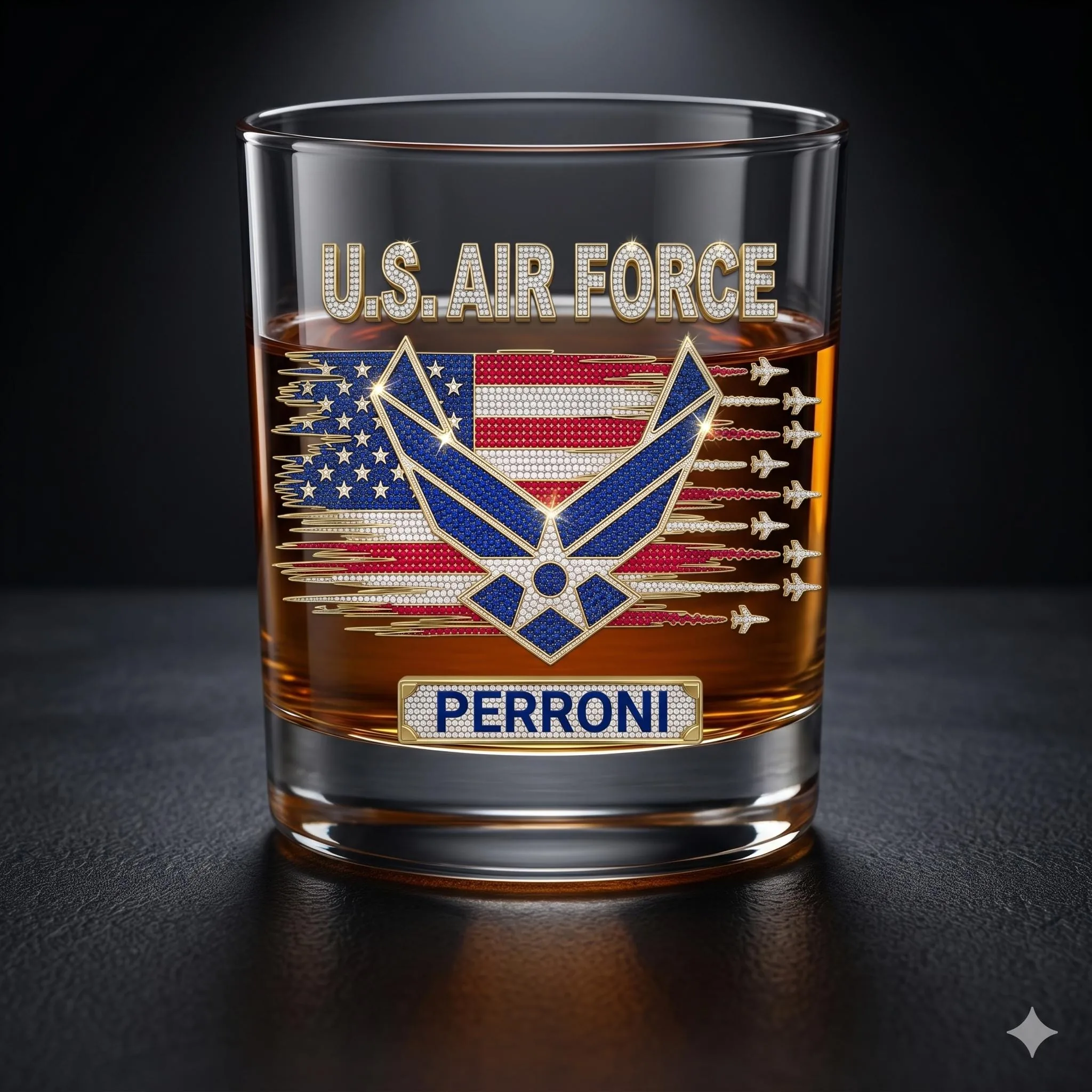 Personalized Air Force Whiskey Glass, Custom Name Old Fashion Rocks Glass, Patriotic Military Gift for Veteran