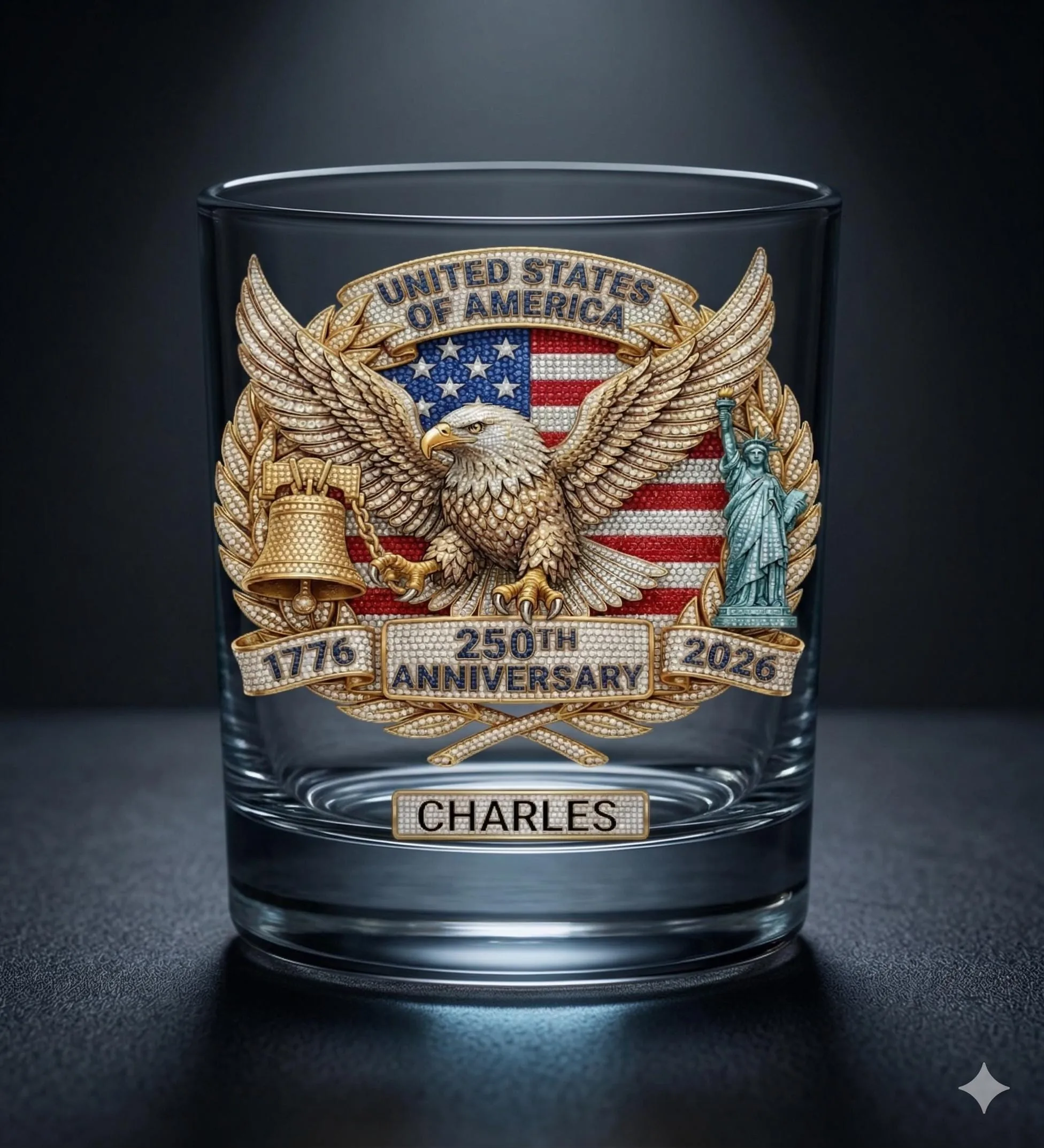Personalized 250th Anniversary Whiskey Glass, 1776 2026 USA Patriotic Old Fashion Rocks Glass, Custom Name UV 