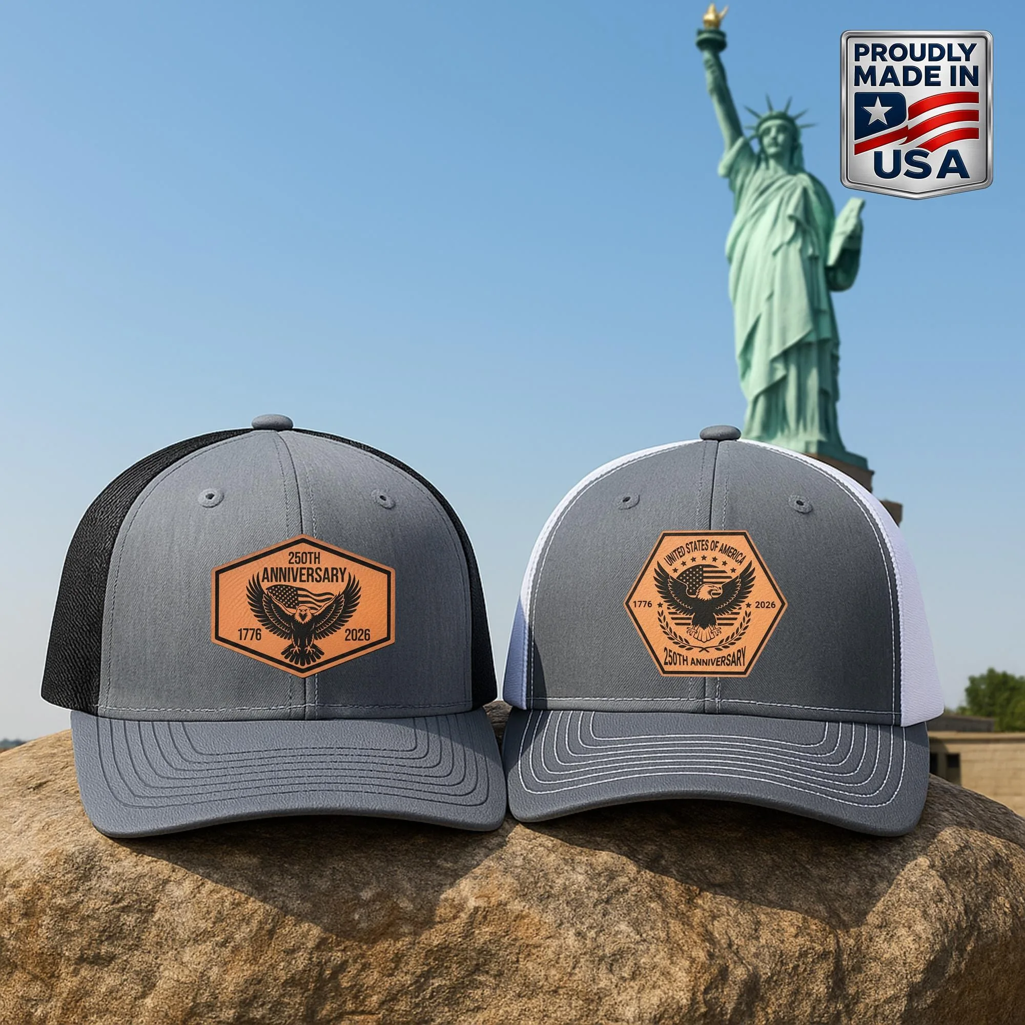 USA 250th Anniversary Trucker Hat – Patriotic Eagle Patch – 1776–2026 Semiquincentennial Gift