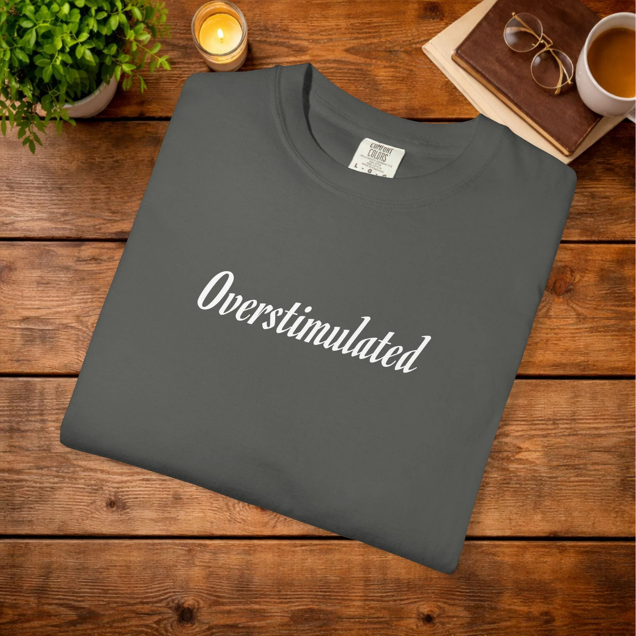 Overstimulated script text T-shirt | Garment dyed tee, minimalist word art