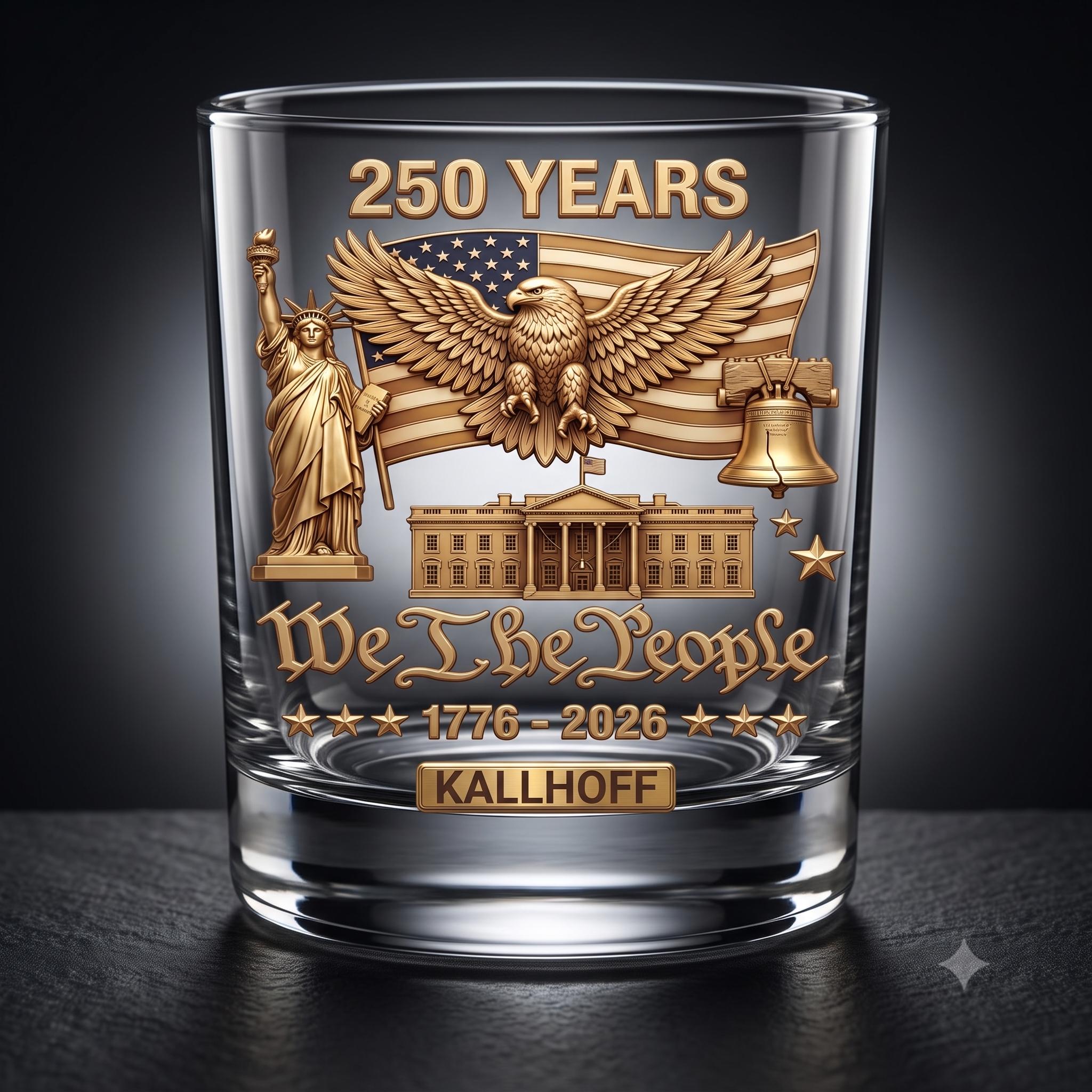 Personalized 11oz Whiskey Glass, 3D Gold Effect USA 250th Anniversary Design, We The People, Custom Name Bourb