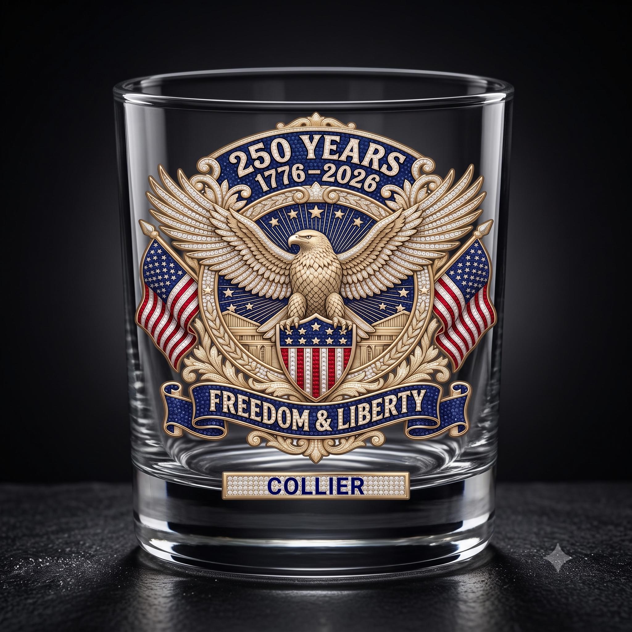 Personalized 11oz Whiskey Glass, 3D Rhinestone Effect USA 250th Anniversary Design, Freedom & Liberty, Cus