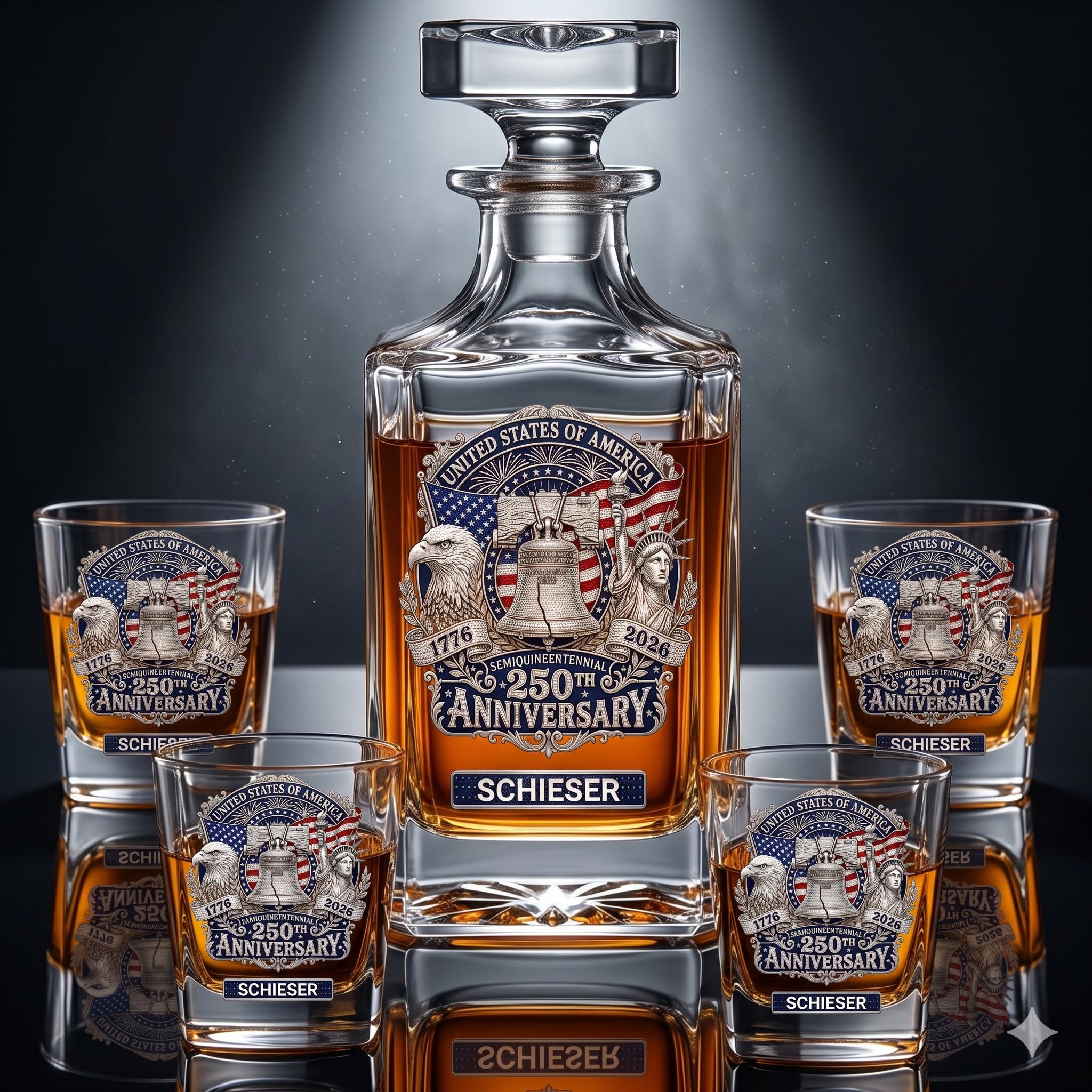 Personalized Whiskey Decanter Set with 4 Glasses, 3D Rhinestone Effect USA 250th Anniversary Gift, Custom Libe