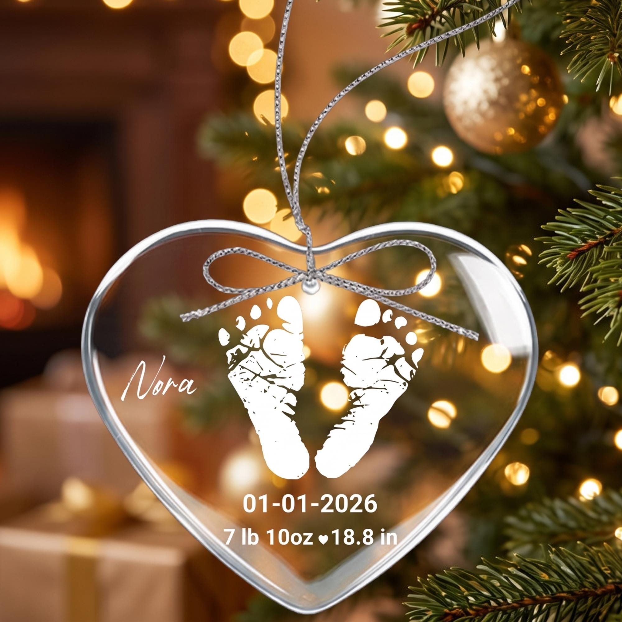 Personalized Baby Footprint Glass Ornament, Custom Laser Engraved Baby Keepsake, Newborn Christmas Ornament, B