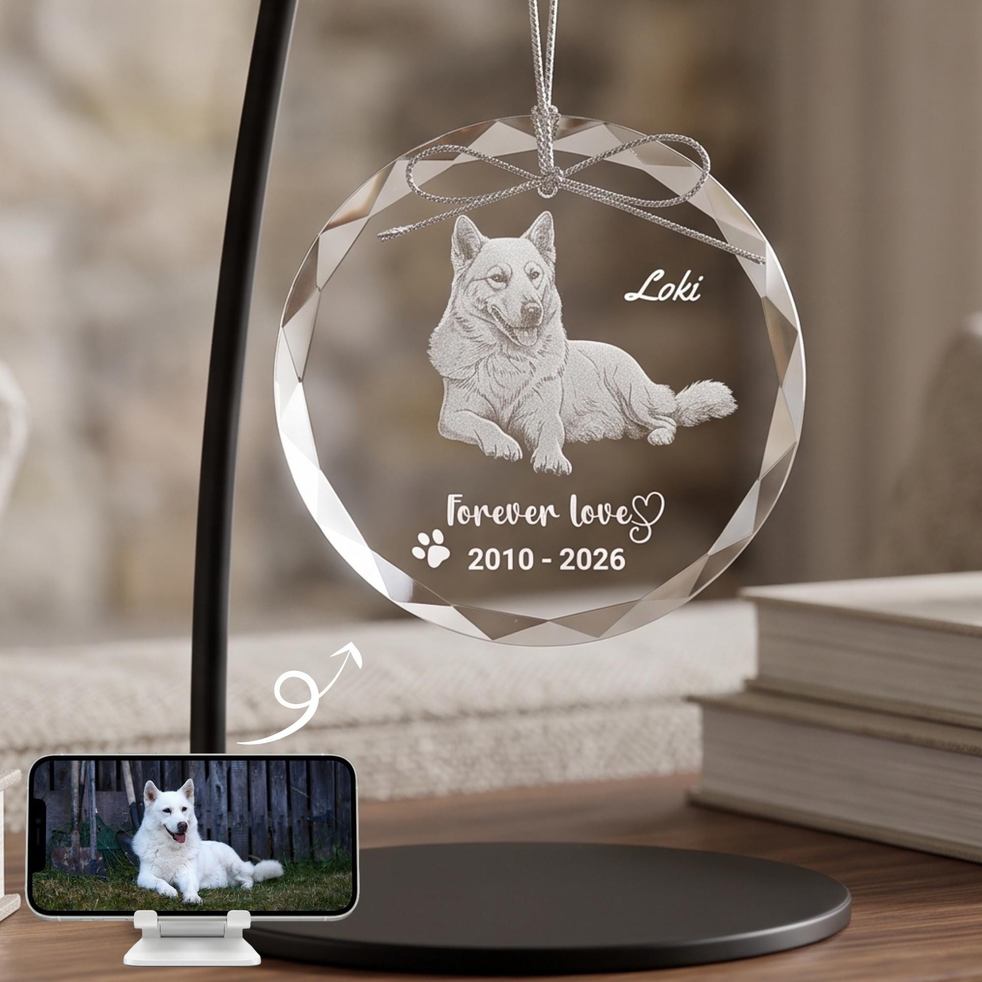 Personalized Pet Memorial Glass Ornament, Custom Laser Engraved Pet Photo Ornament, Rainbow Bridge Keepsake, D
