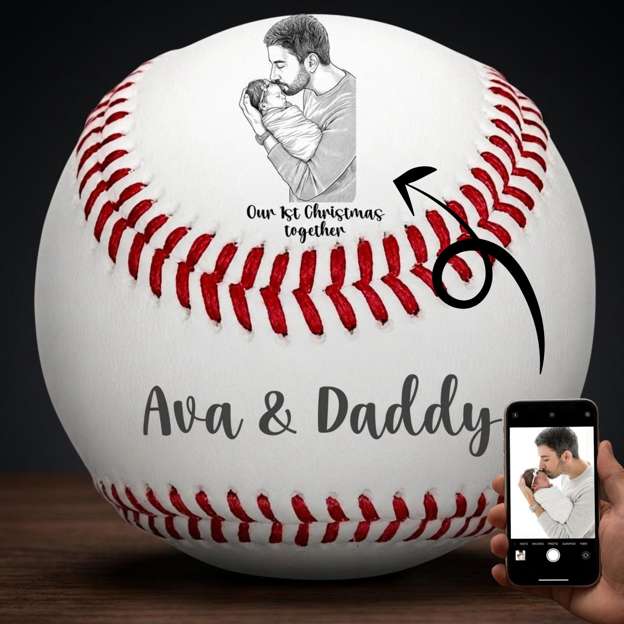 Personalized Laser Engraved Baseball, Custom Photo, Name and Message, First Christmas Gift, Dad & Baby Kee