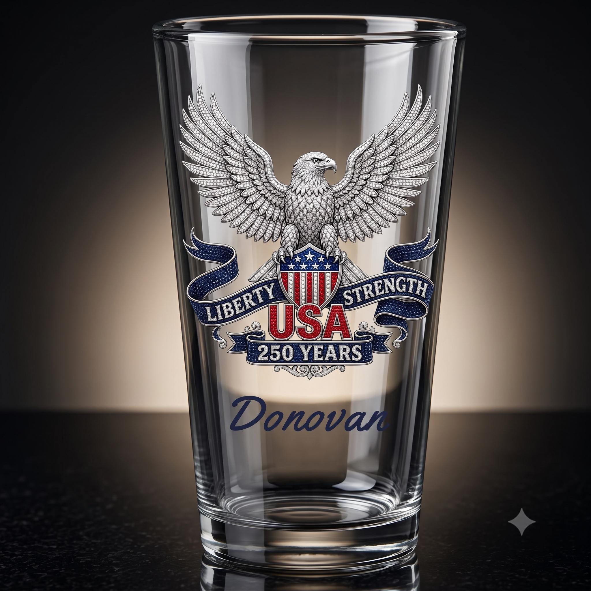 Personalized 16oz Pint Glass, 3D Rhinestone Effect USA 250 Years Eagle, Custom Name Beer Glass, Patriotic Gift