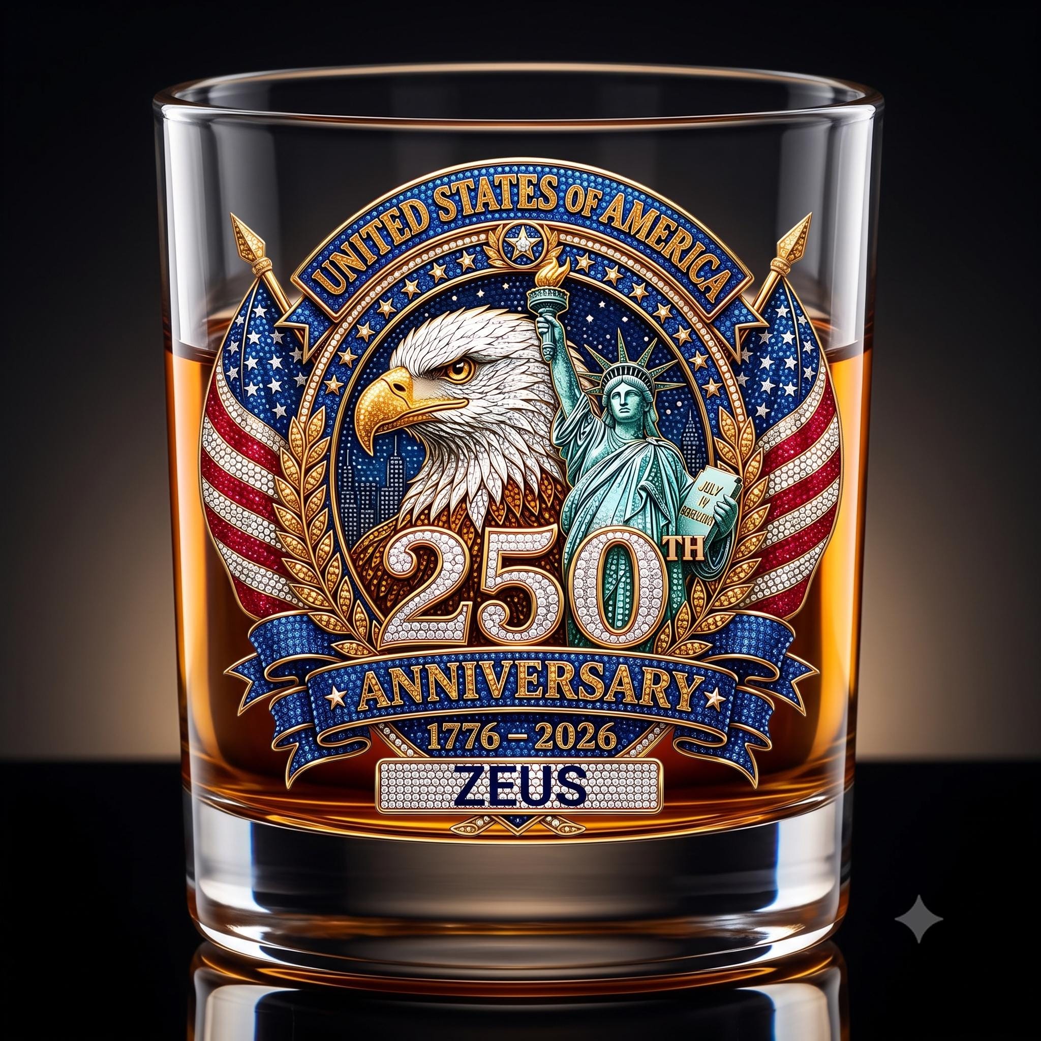 Personalized 11oz Whiskey Glass, 3D Rhinestone Effect USA 250th Anniversary, Custom Name Old Fashioned Glass