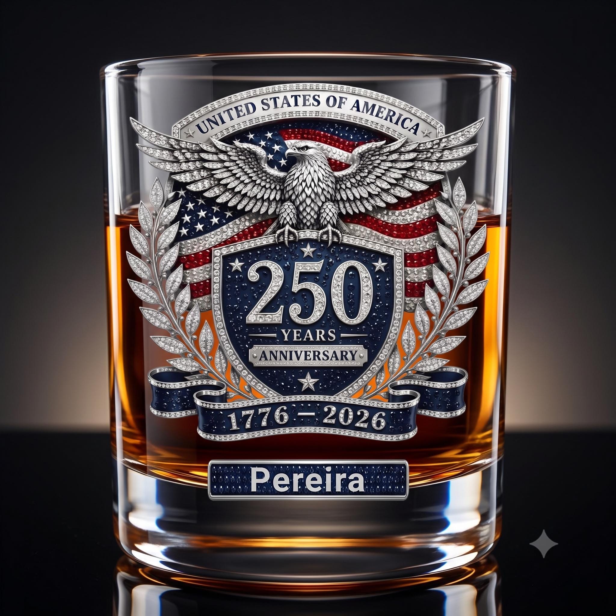 Personalized Whiskey Glass, 11oz Old Fashioned Glass, 3D Rhinestone USA 250th Anniversary Gift, Custom Name