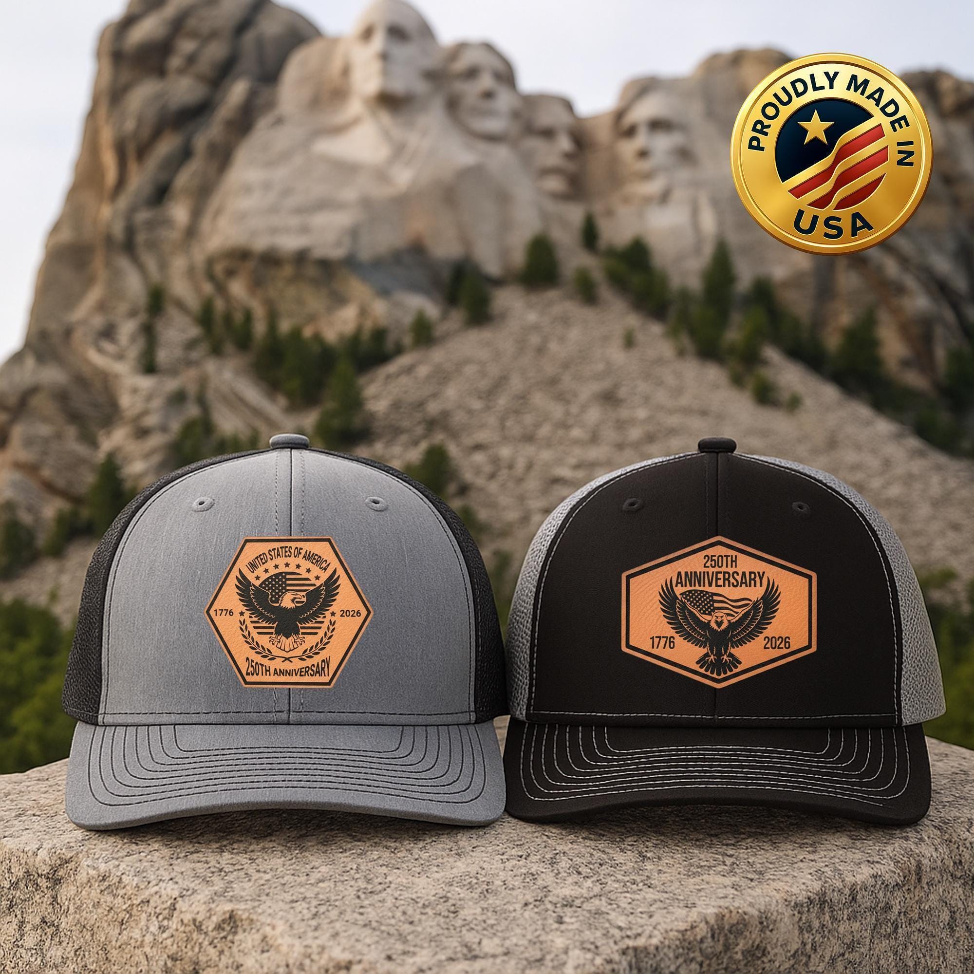 250th Anniversary Trucker Hat, Patriotic Leather Patch Eagle Cap, Richardson 112 Mesh Cap, American Heritage G