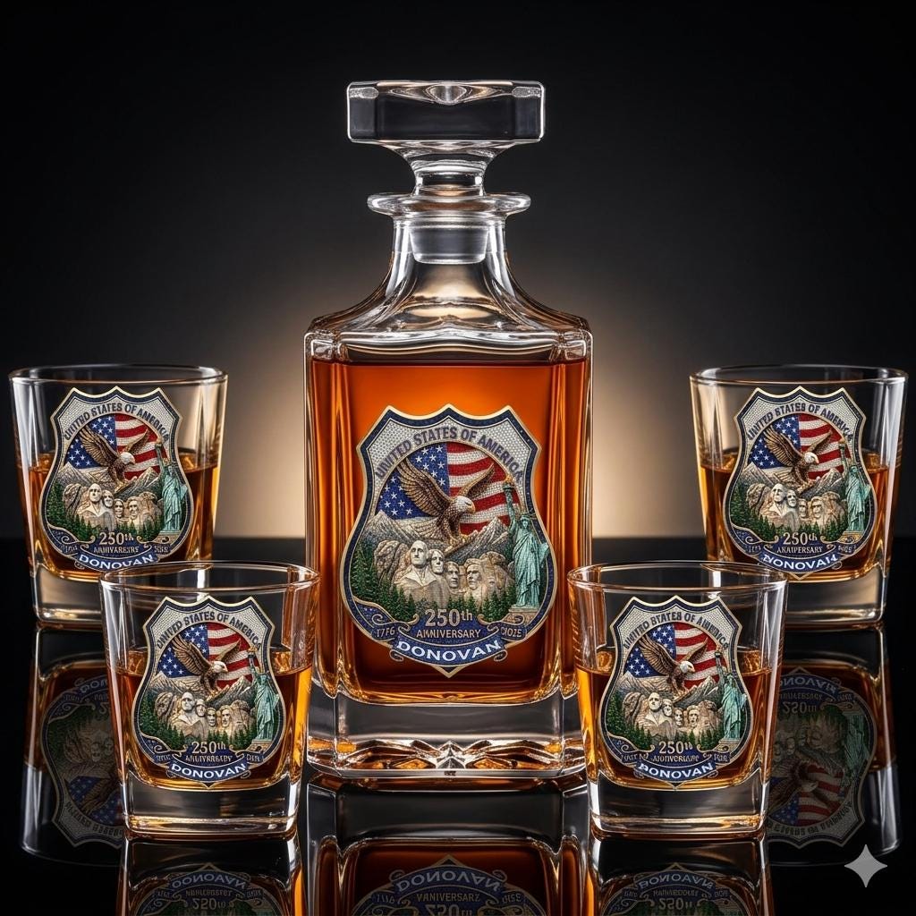 Personalized Whiskey Decanter Set with 4 Glasses, 3D Rhinestone Effect USA 250th Anniversary Gift,  Patriotic 